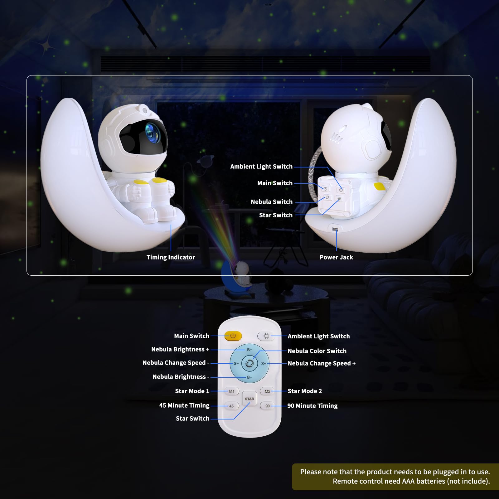 Acegamer Astronaut Galaxy Projector Moon Night Light, Star Ceiling Projector Galaxy Light With Timer And Remote Starry Nebula Led Lamp, Star Lights For Kids Adults Bedroom Decor, Christmas, Birthday