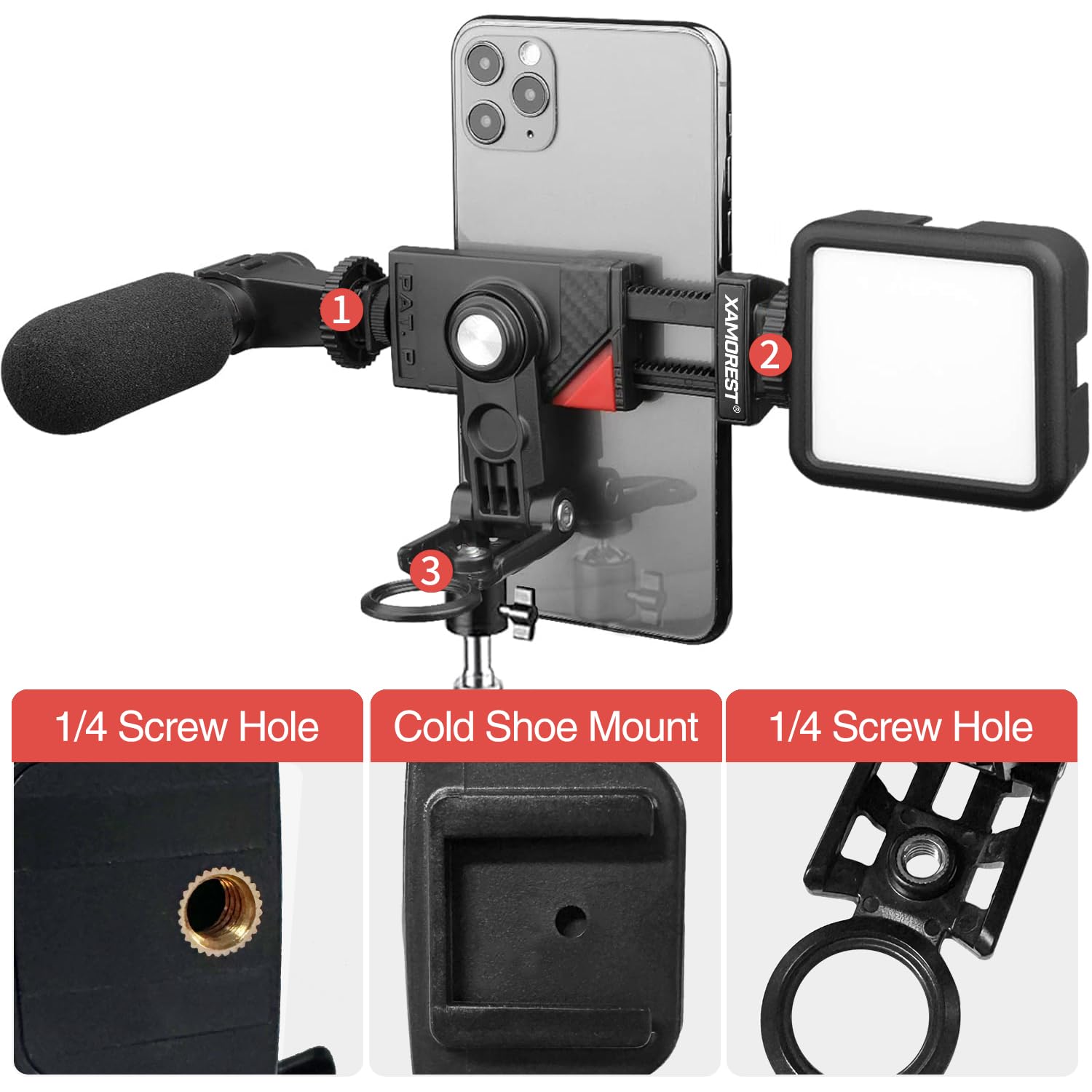 Xamorest Tripod Phone Mount, Phone Holder/Vertical And Horizontal Tripod Mount Adapter Rotatable Bracket With 1/4 Inch Screw/Adjustable Clip For Phone, Selfie Stick, Camera Stand