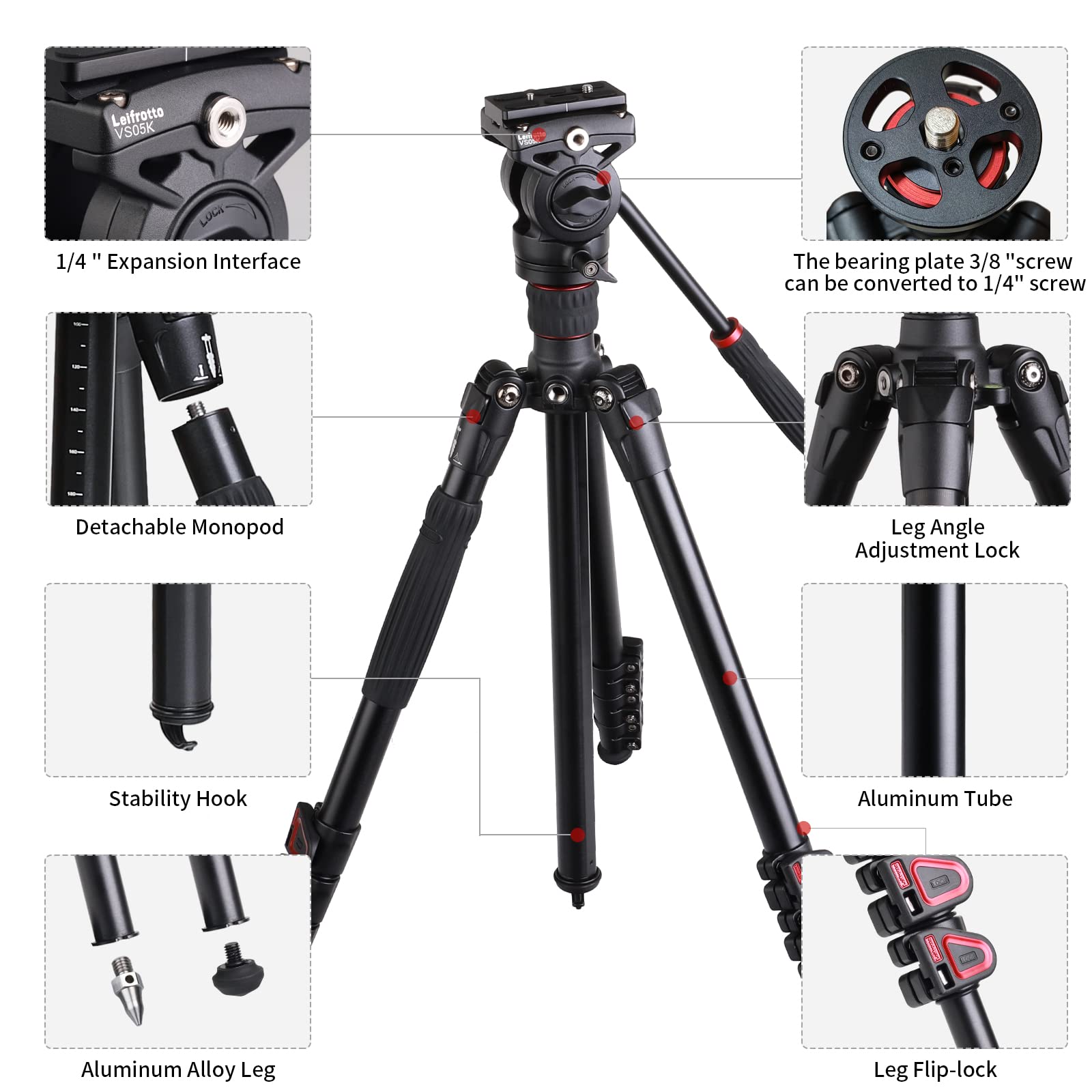 Leifrotto 62'' Camera Tripod With Fluid Head, Monopod Tripod Aluminum, For Dslr Camera Camcorder, Compatible For Cannon Nikon Camera, Max Load 11 Lbs