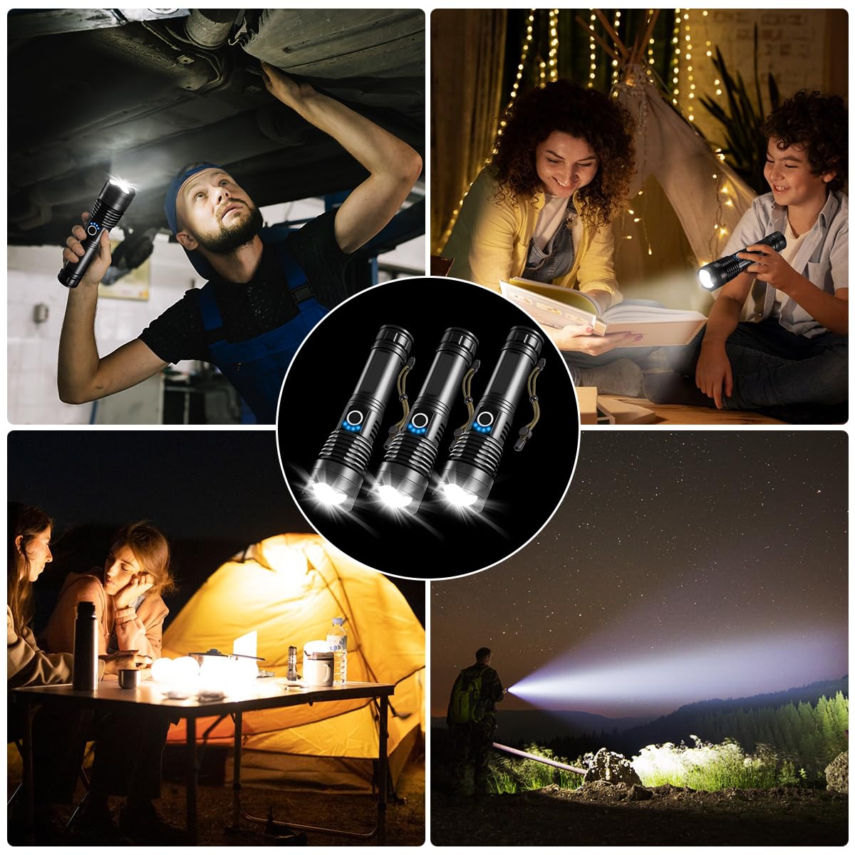 Uuyee 3Pack Rechargeable Flashlights High Lumens, 990000Lm Super Bright Flashlight, 5Modes Led Flashlight Rechargeable, Adjustable Tactical Flashlights High Powered, Flash Lights For Emergency Camping Home