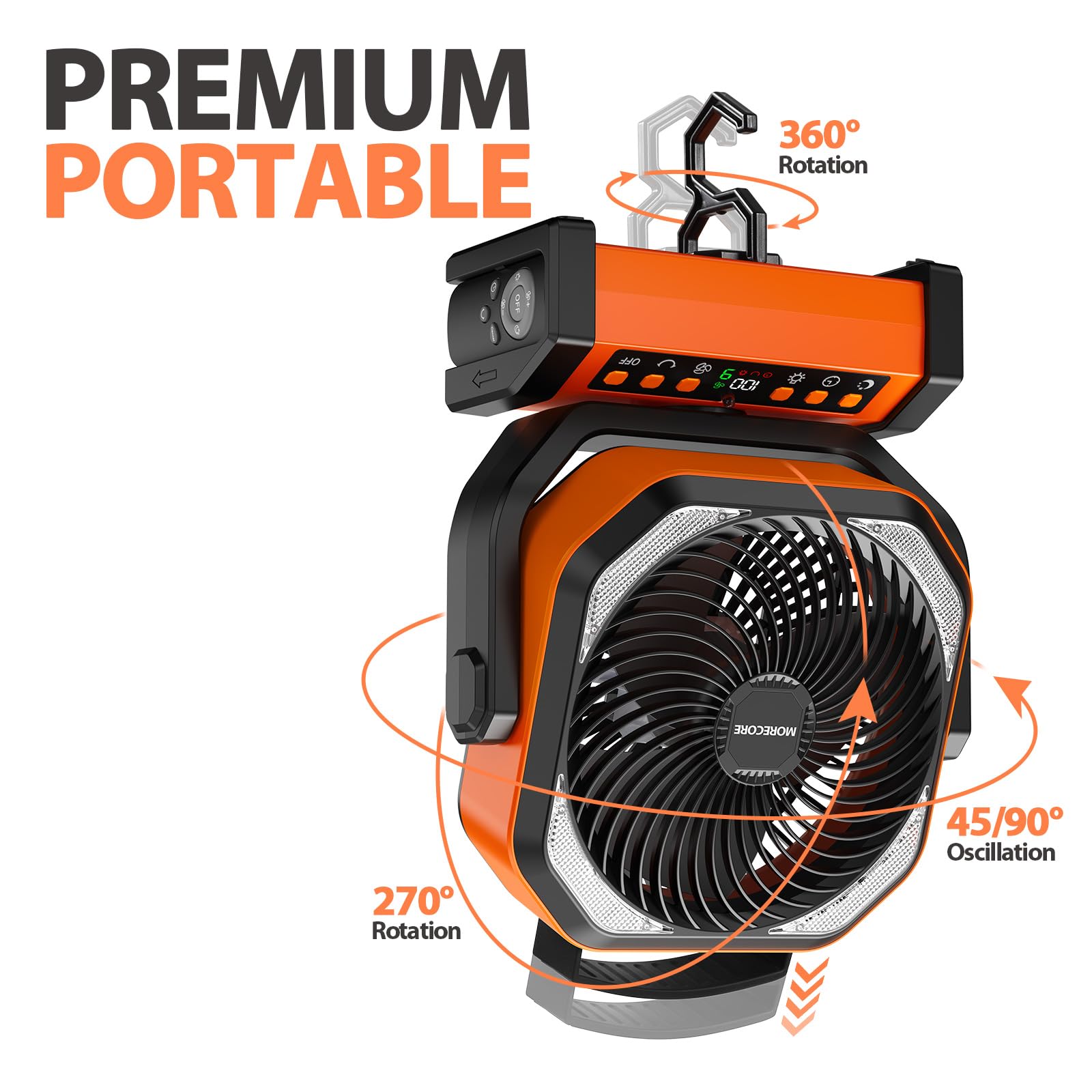 Morecore 20000Mah Rechargeable Camping Fan With Light, 112Hrs Running, 8-Speed, Auto Oscillating