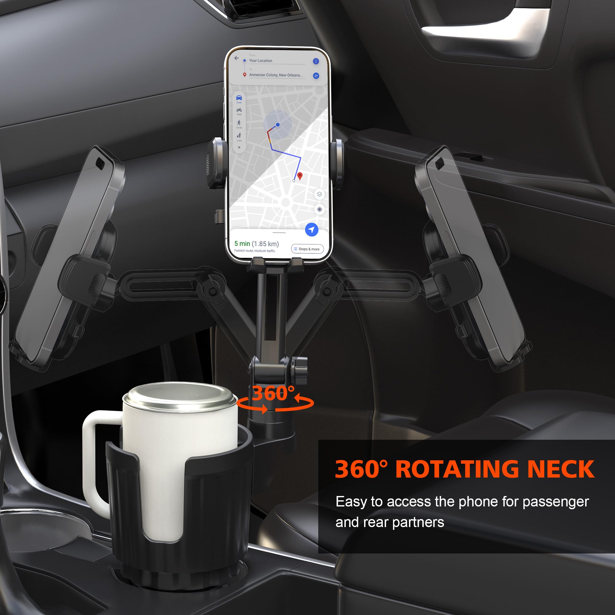 Edkcxb lest 2 In 1 Phone Mount For Car Cup Holder With Adjustable Base, Phone Holders For Car Cupholder, No Shaking 360° Flexible Neck Phone Mount For All 4-7” Smartphones, Cup Holder For Most Bottles
