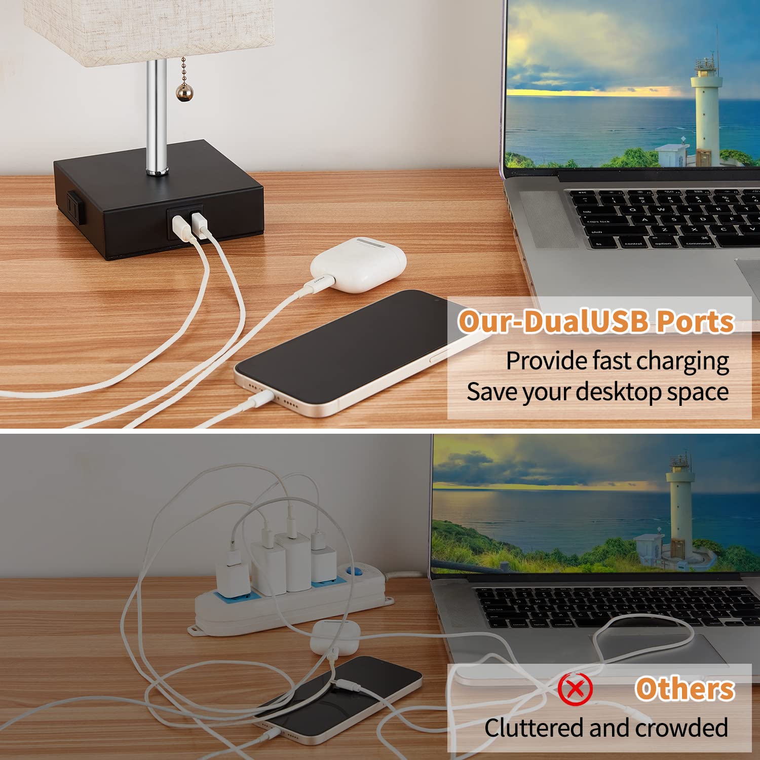 Woderdeng 3-Color Table Lamp For Bedrooms, Bedside Lamps With Usb C+A Ports And Ac Outlet, 2700/3500/5000K Pull Chain Nightstand Lamp,Desk Lamps For Home Office,Living Room