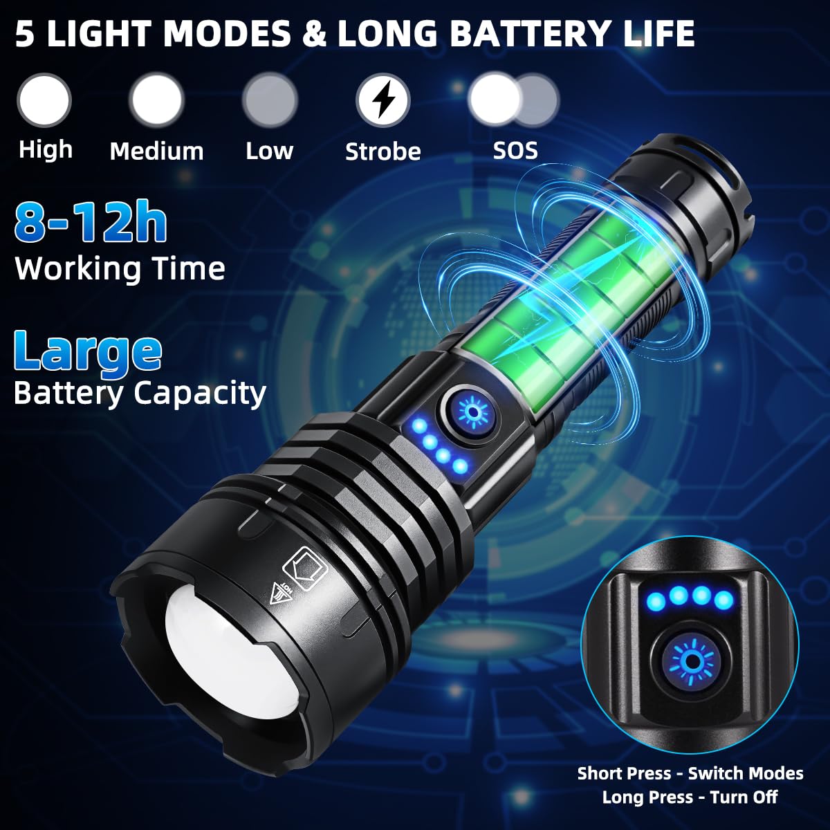 Wopkdupk Flashlights High Lumens Rechargeable, 990000Lm Super Bright Flashlight, Adjustable Tactical Flashlight, 5Mode Flash Light High Powered, Waterproof Led Flashlight For Camping, Hiking, Home, Emergencies