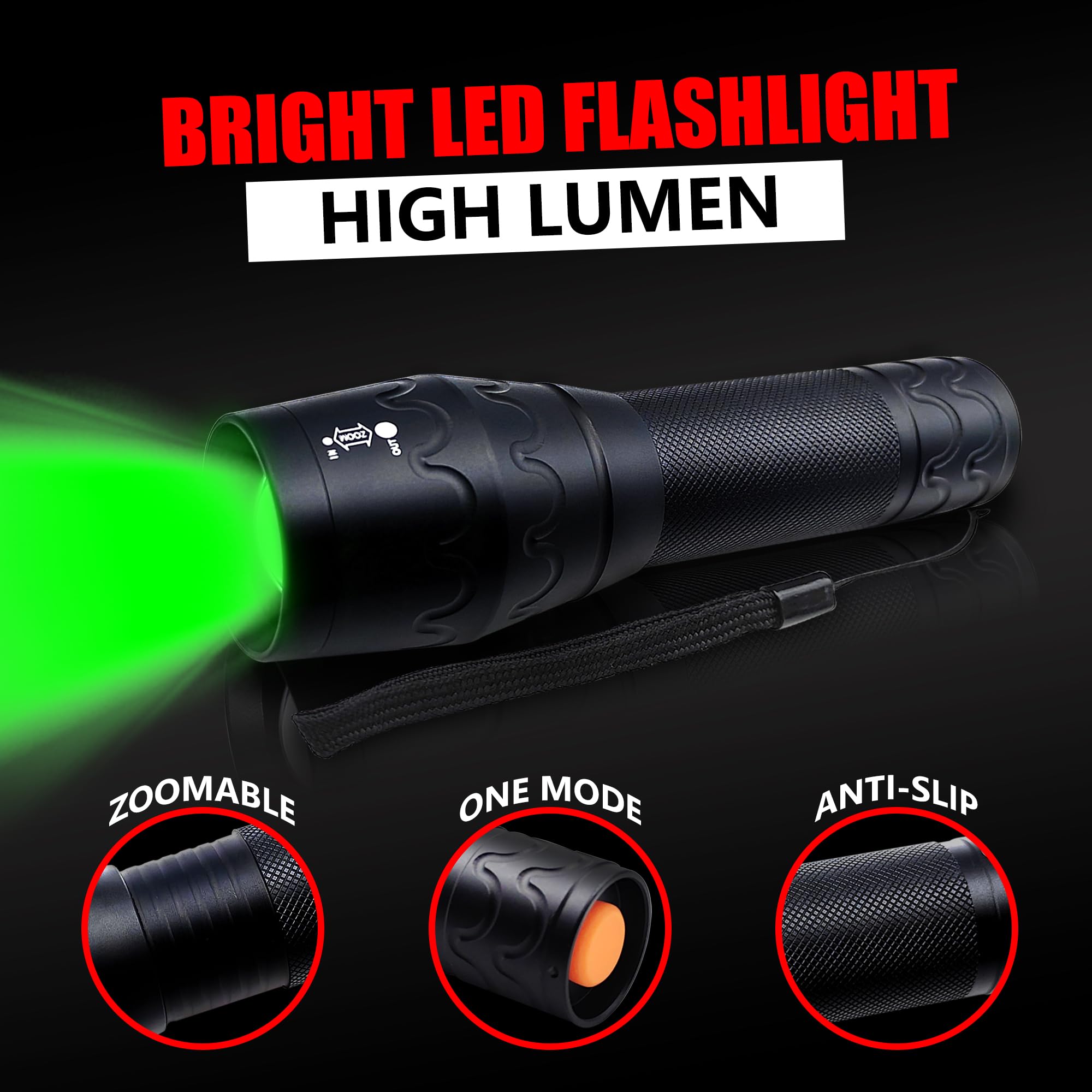 Fadomall Green Light Flashlight Single Mode Adjustable Focus Led Torch For Night Hog Hunting, Fishing, Night Observation, 2 Pack