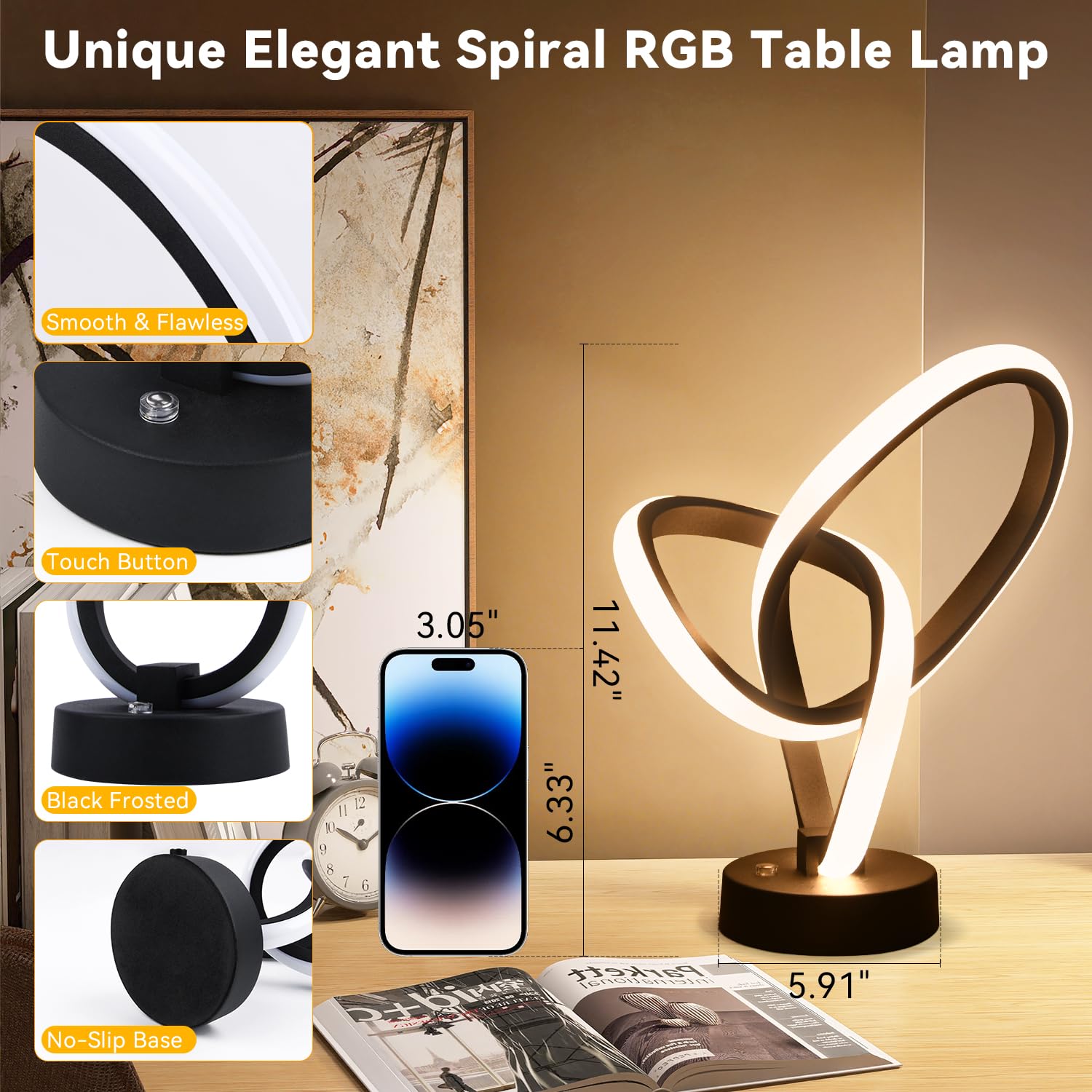 Vocevos Led Modern Table Lamps, Rgb Table Lamp With 7 Colors 10 Light Modes, 3-Way Dimmable Bedside Touch Spiral Cool Desk Lamps For Nightstand