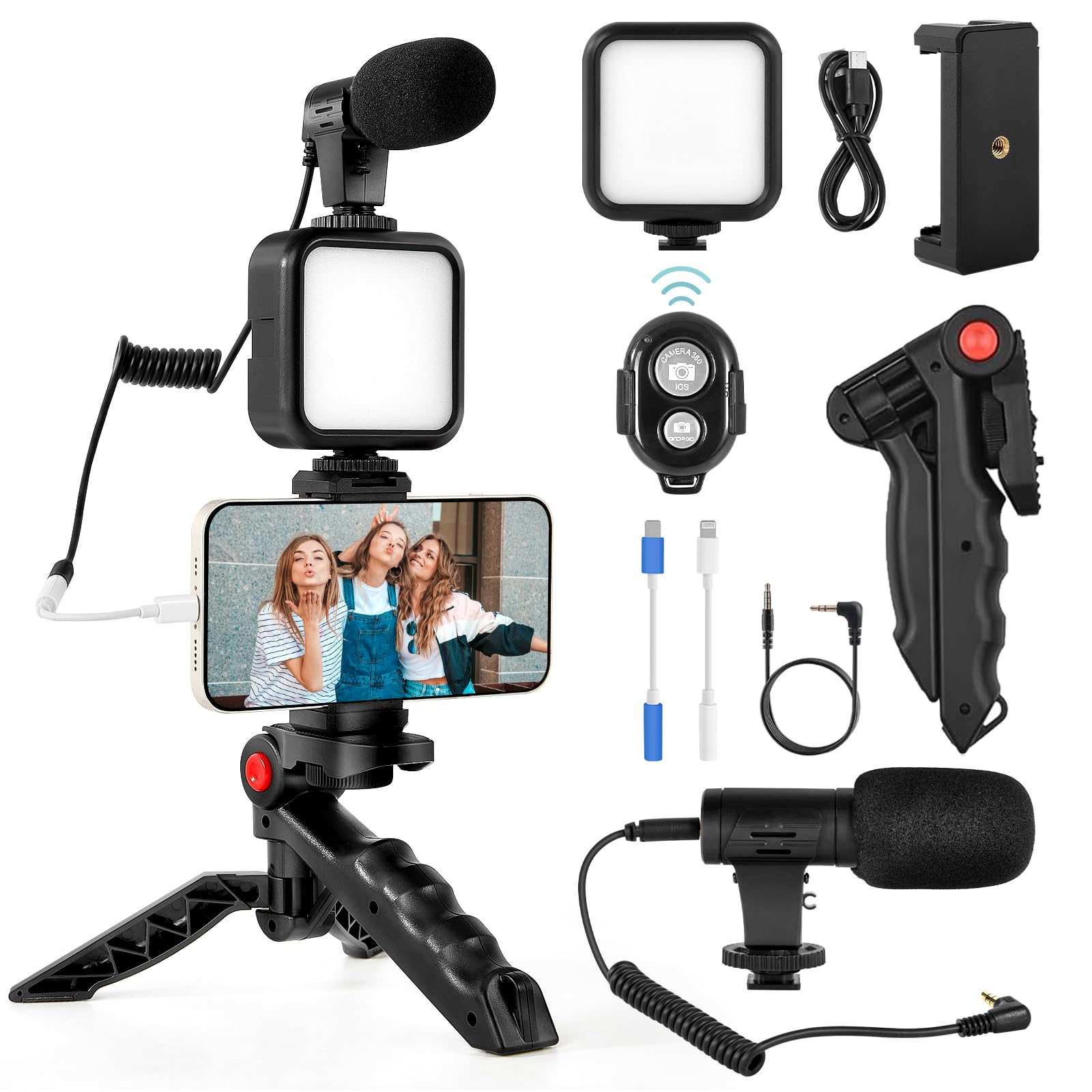 Kalofaye Vlogging Kit For Iphone, Android (With Tripod), With Mini Led Video Light + Cardioid Microphone + Phone Clip + Tripod For Video Calling, Vlogging, Youtube, Instagram, Tiktok