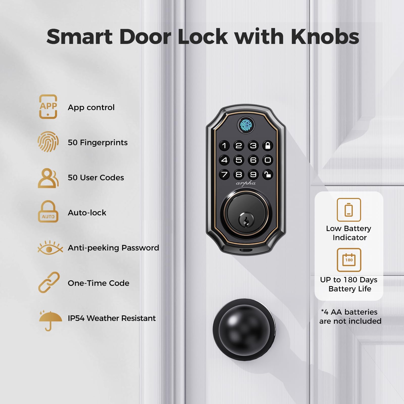 Arpha Keyless Entry Door Lock Deadbolt With Handle Set - 100 Code Smart Fingerprint Door Lock With App Control, Anti-Peeping Password Auto Locks, One Time Code, Zinc Alloy Black