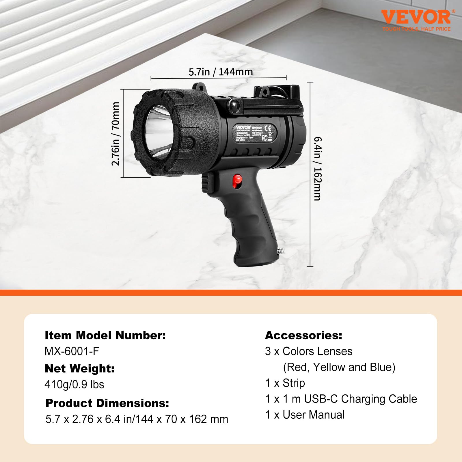 Vevor Rechargeable Spotlight Flashlight, 200,000 Lumens, Ip67 Waterproof Handheld Led Spot Light, Super Bright Portable Searchlight With 4 Modes Detachable Lens Usb Port, For Hunting Boating Camping