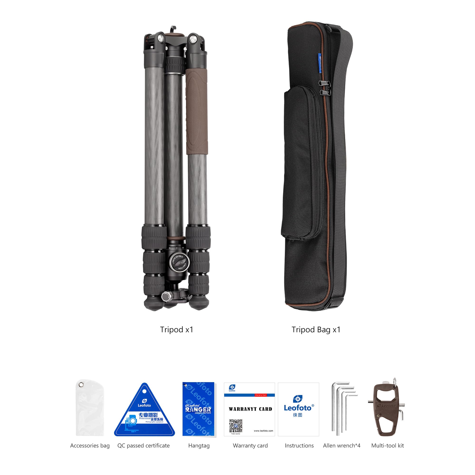 Leofoto Portable Reversible Travel Tripod, Carbon Fiber Camera Tripod With Ball Head, With 360° Detachable Center Column, Folded Length 485Mm, Max Load 15Kg (Lx-324Ct+Xb-38)