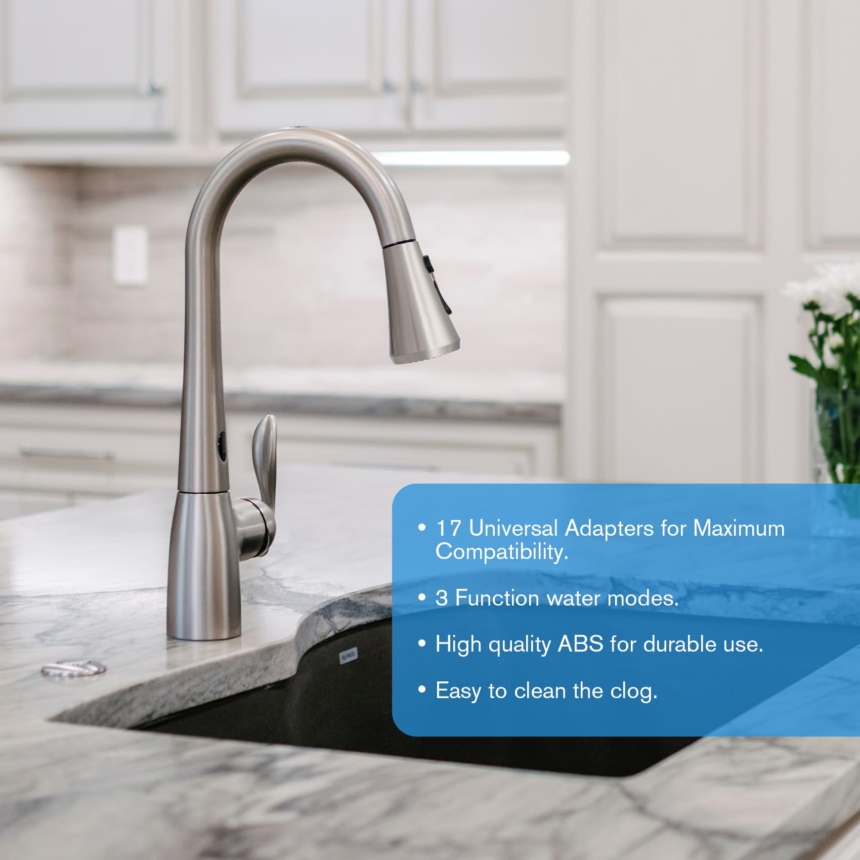 Horher Kitchen Faucet Head Replacement With 17 Adapters, Sink Faucet Head 3 Modes, Pull Down Spray Head G 1/2 For Kitchen Faucet, Compatible With Moen，Delta, Kohler Faucets, Brushed Nickel