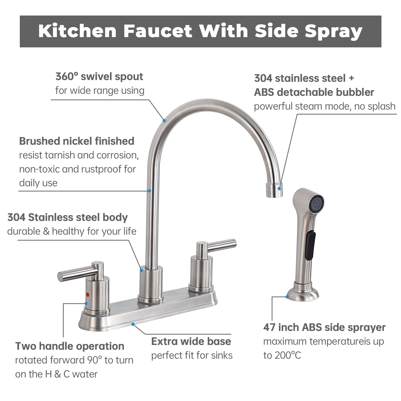 Arrisea 2 Handle Kitchen Sink Faucet With Side Sprayer, Two Handle 4 Holes 8 Inch Centerset Kitchen Faucets With 24 Inch Pull-Out Side Sprayer, Brushed Nickel Stainless Steel High Arc Kitchen Tap