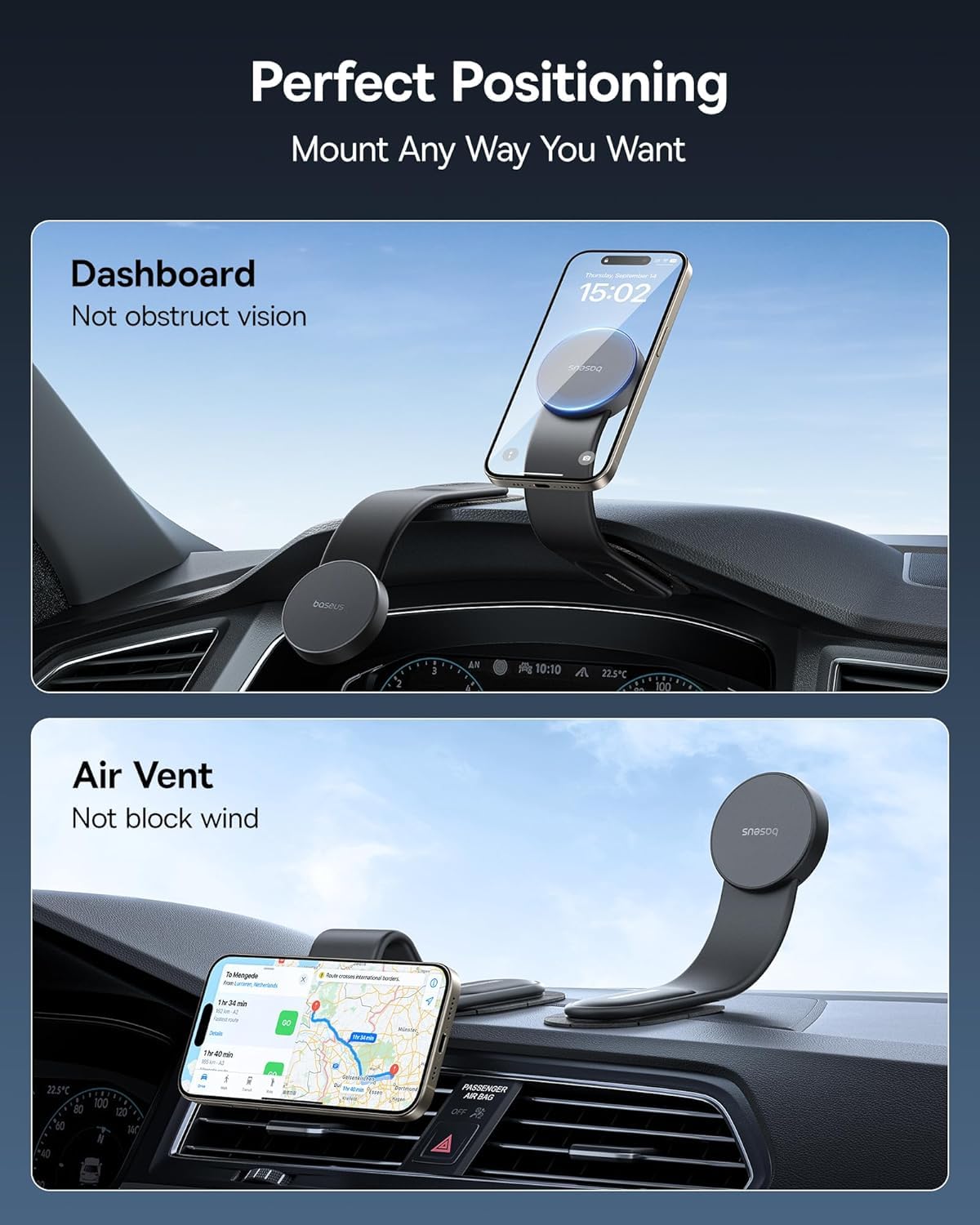 Baseus For Magsafe Car Mount, 25N Magnetic Phone Holder For Car, Cell Phone Car Mount Compatible With Iphone 16 15 14 13 Pro Plus Max Mini, Bendable Memory Titanium Alloy For All Dashboard