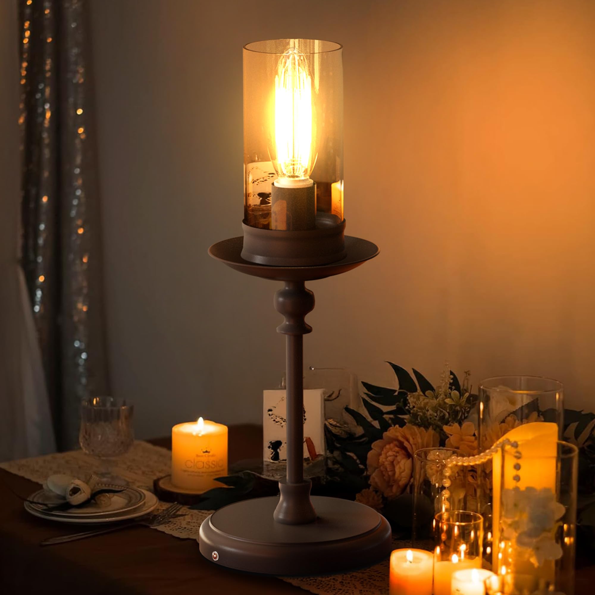 Hmkjwy Vintage Led Candle Table Lamp - Rechargeable, Touch Control, Dimmable Warm Light, Metal Finish, Retro Decor For Bedroom, Dining, Weddings, Thanksgiving, Christmas & Housewarming