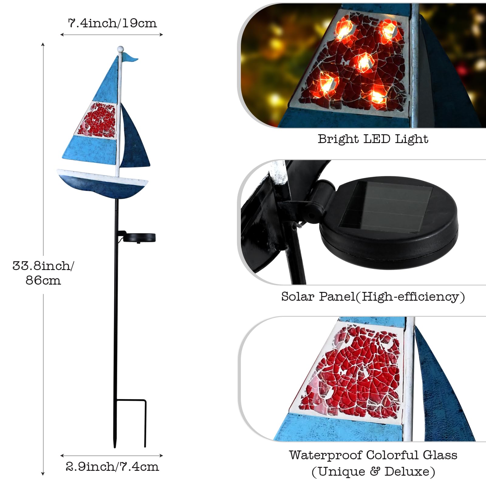 Yiosax Solar Garden Lights Sailboat Stake Decor-Yard Outdoor Statue Decorations Waterproof 5 Led Metal Landscape Lighting Flower Bed,Pond,Yard,Lawn Gift For Mom Grandma Women