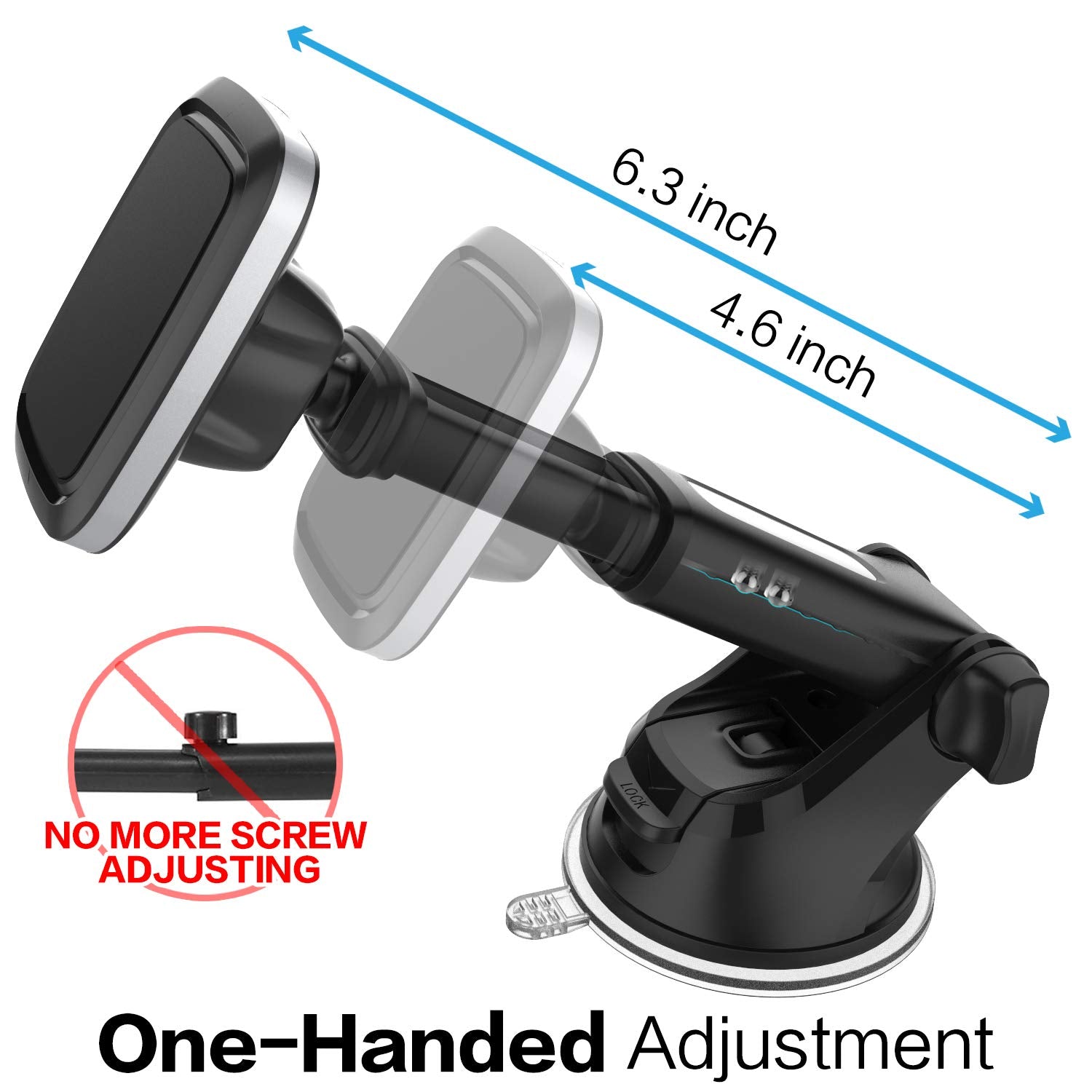 1Zero Magnetic Phone Car Mount With Quick Extension Telescopic Arm, Hands- Windshield Dashboard Cell Phone Holder For Car Compatible With Iphone Smartphone, Sticky Suction Cup, 6 Strong Magnets