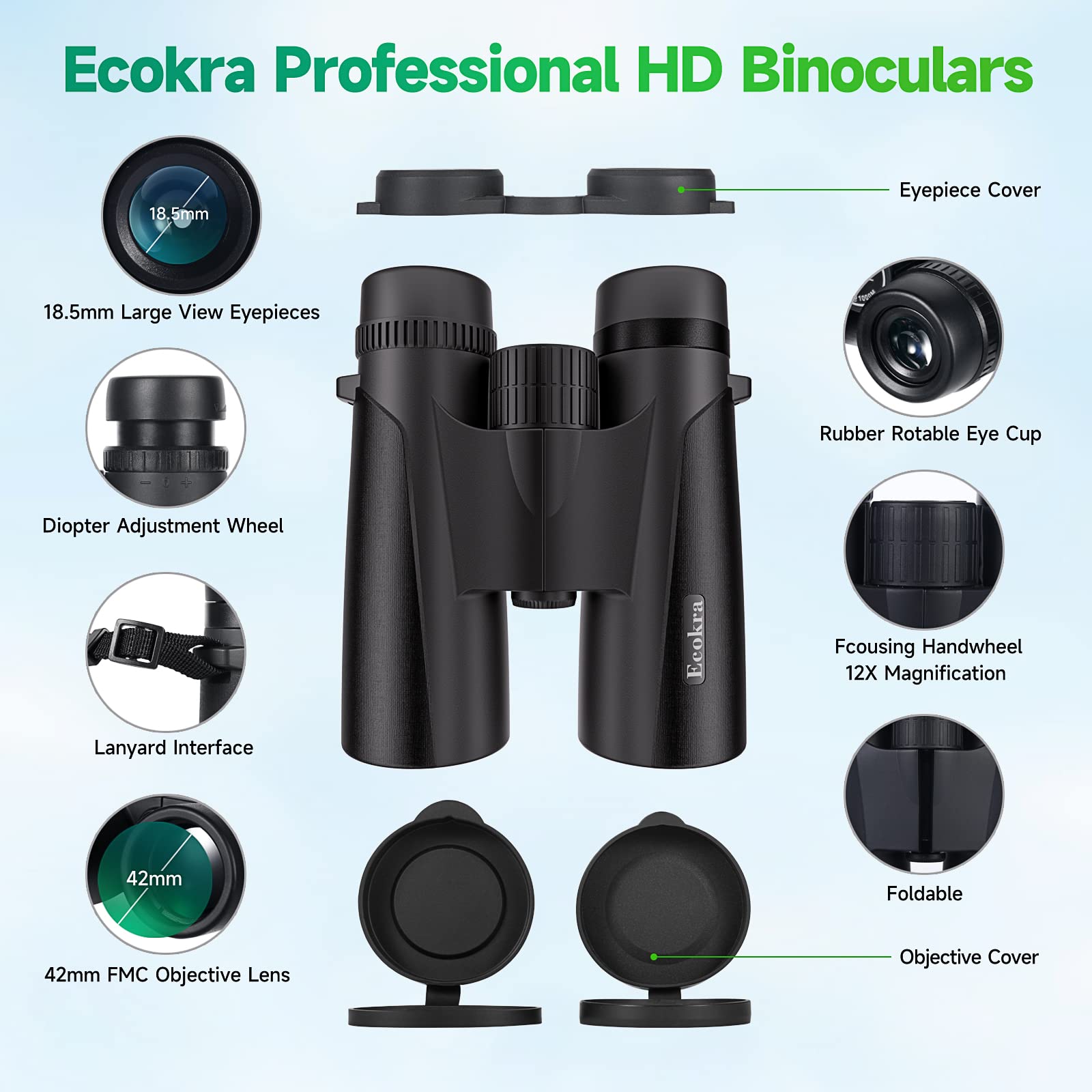 Ecokra 12X42 Hd Binoculars - Adults' High Power Binoculars With Tripod Phone Adapter, Waterproof Compact, Ideal For Bird Watching, Hunting, Stargazing - Clear Low Light Night Vision, Bak4, Fmc Prisms