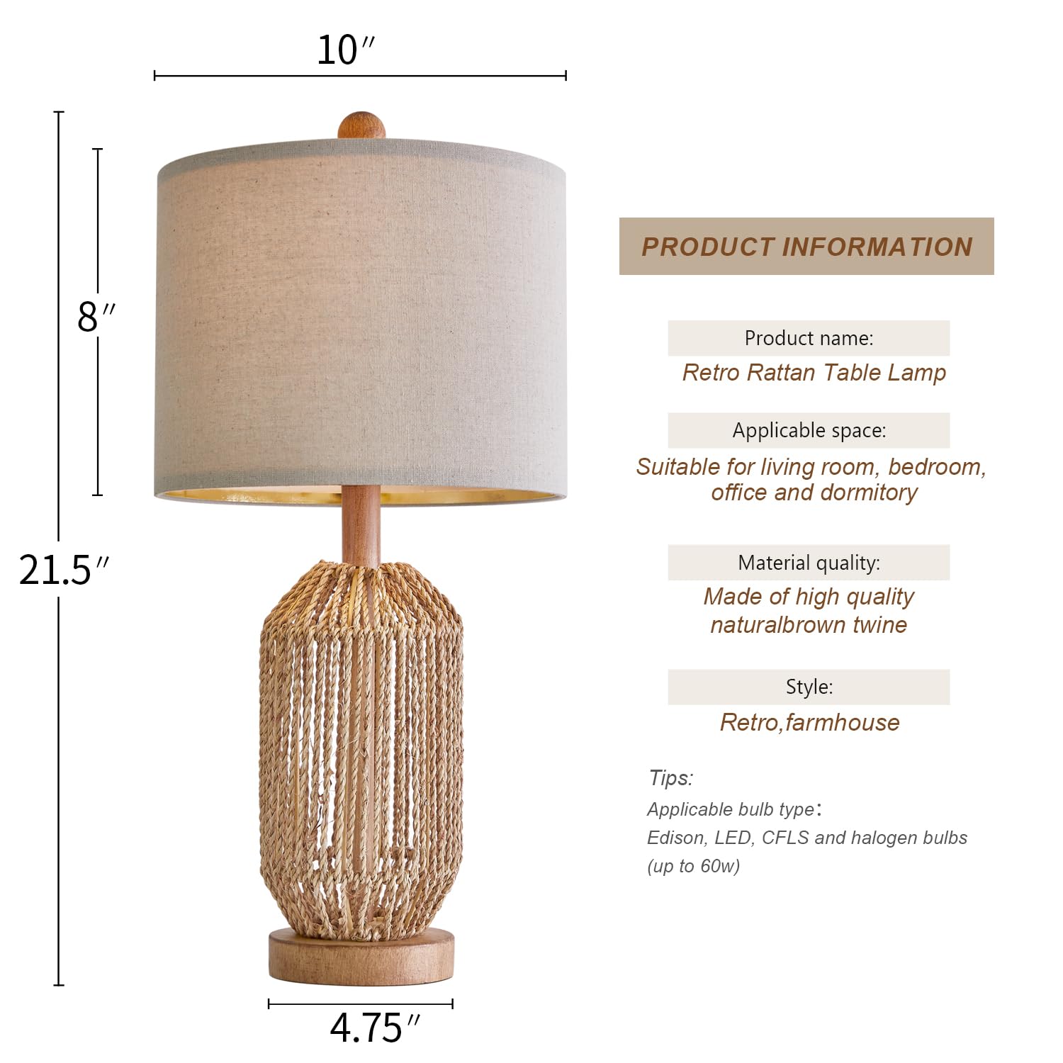 Oyears 21" Boho Table Lamp For Living Room, Bedside Lamp For Nightstands, Rattan Lamp For Bedroom, Farmhouse Table Lamp For Room Decor, End Table, Retro, Brown, 1 Pack