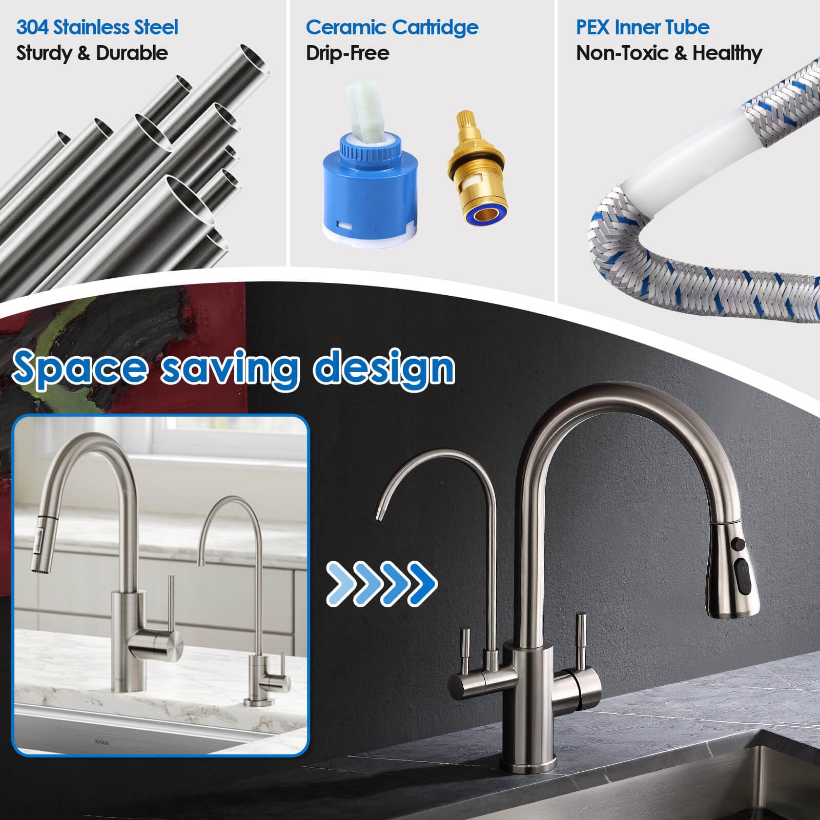 Rovogo Kitchen Sink Faucet With Filtered Water Spout, Dual Handle Single Hole High Arc Faucet With Pull Down Sprayer, Stainless Steel, Brushed