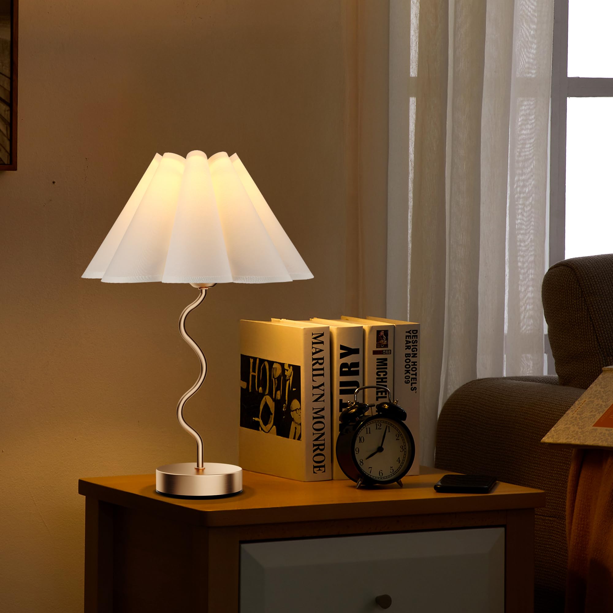 Dolymoly Small Table Lamp Pleated Table Lamp 3 Way Dimmable Touch Lamps For Night Stands With Usb C+A Ports Bedside Nightstand Lamp Morden Desk Lamp For Bedroom Home Kitchen Living Room Kids Room Nursery