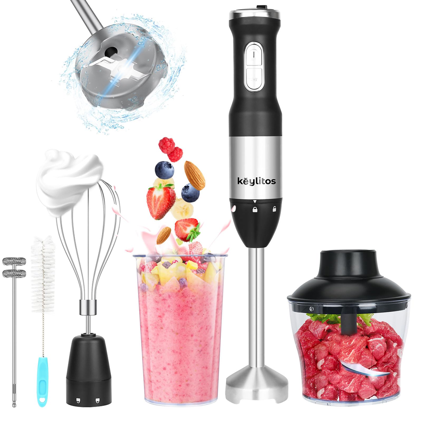 Keylitos 5 In 1 Immersion Hand Blender Mixer, [] Handheld Stick Blender With 600Ml Chopper, 800Ml Beaker, Whisk And Milk Frother For Smoothie, Baby Food, Sauces Red,Puree, Soup (Black)