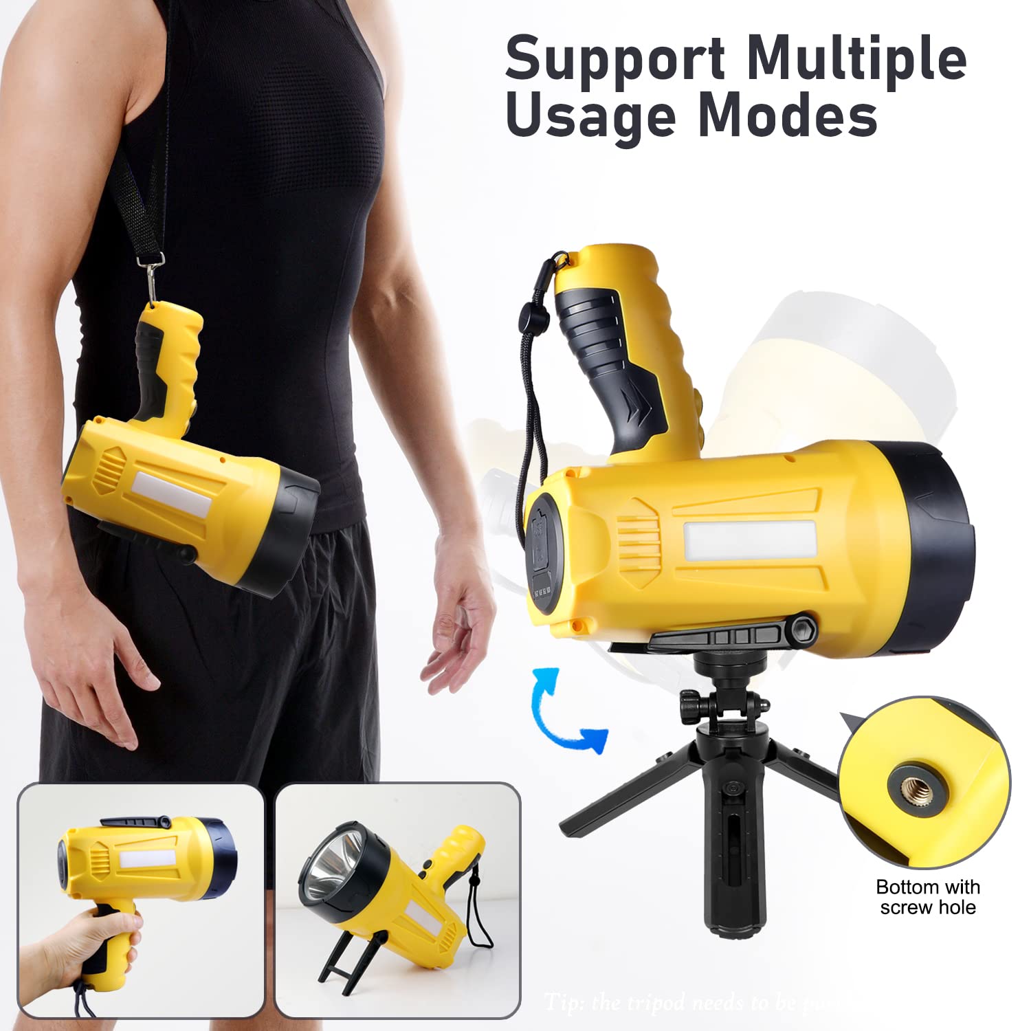Odqo 10000 Lumen Rechargeable Ultra Bright Led Spotlight Flashlight, High Powered Work Light + Collapsible Tripod - Perfect For Camping, Hiking, Hunting, Emergencies & Outdoors