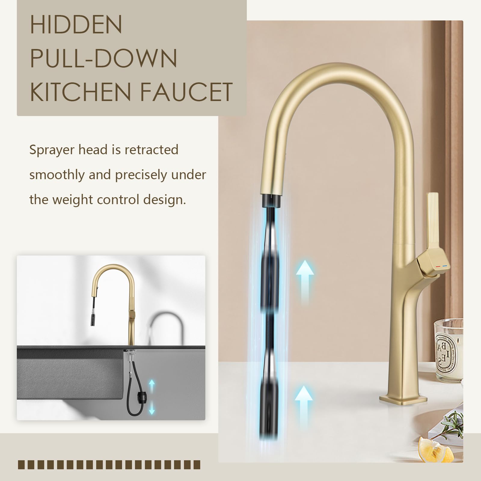 Aection Brushed Gold Kitchen Faucet With Pull-Down Sprayer, High Arc Brass Single Handle Faucet Fits 1 Hole Kitchen Sinks, Bars, Rvs, And Laundry Rooms (Without Deck Plate)