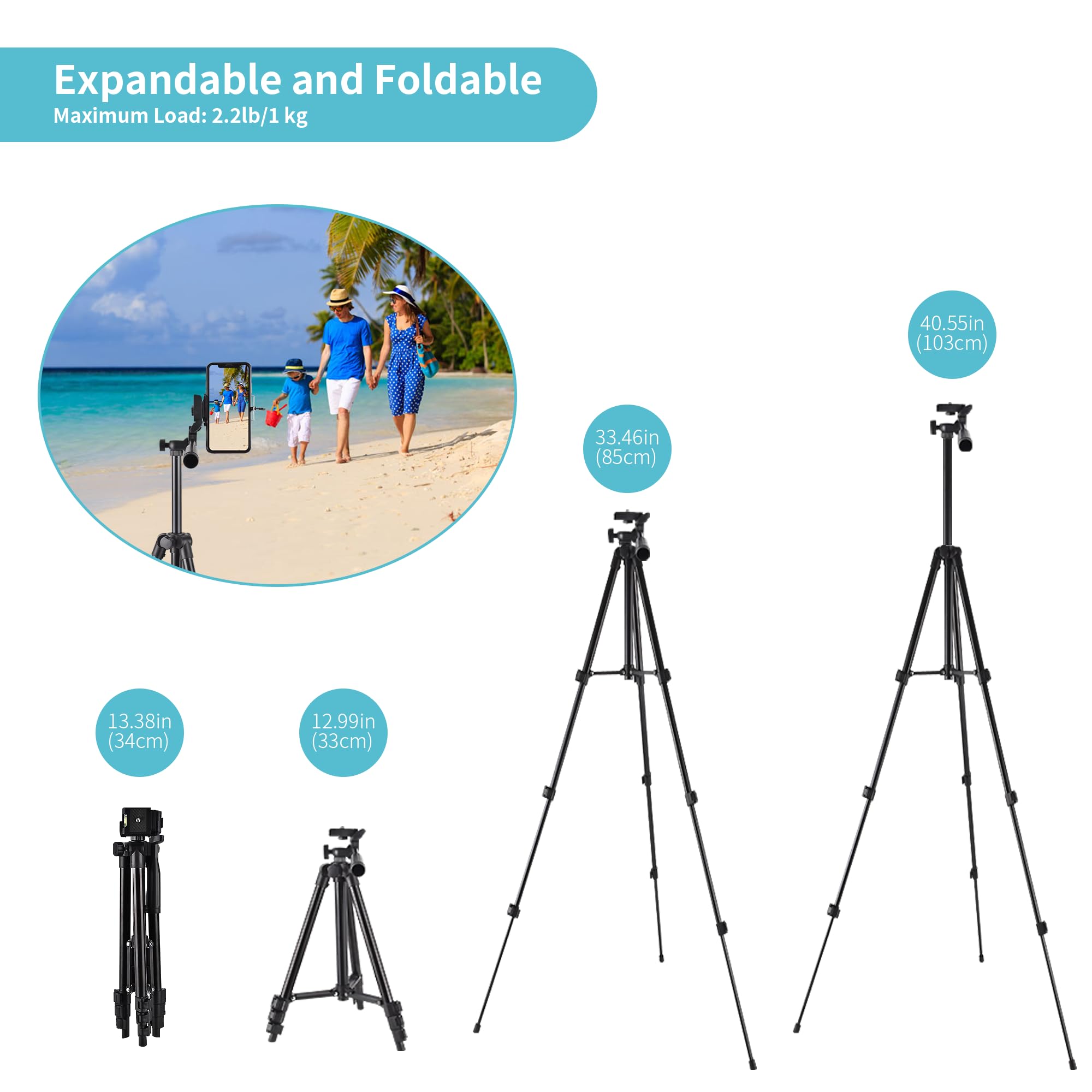 Bvgflr Lightweight Smart Phone Tripod Stand, 40" Aluminum Portable Extendable Travel Phone Tripod Stand With Phone Holder, Shutter, Carrying Bag, Perfect For Selfies/Live Stream/Vlogging/Video Recording