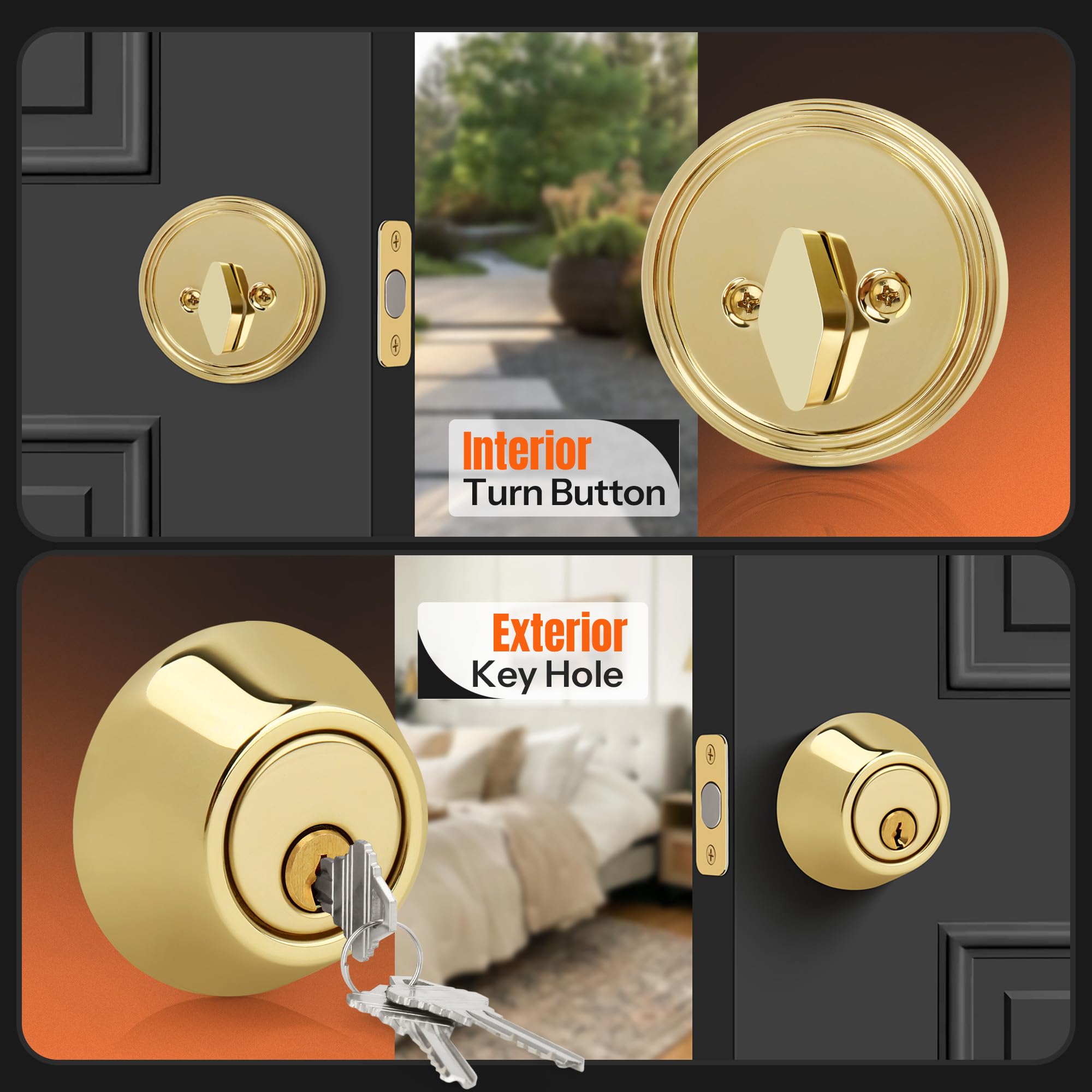 Gaurqiah Keyed Single Cylinder Deadbolt Lock For Exterior, Round Design Dead Bolt For Front Door And Entrance Door, Polished Brass