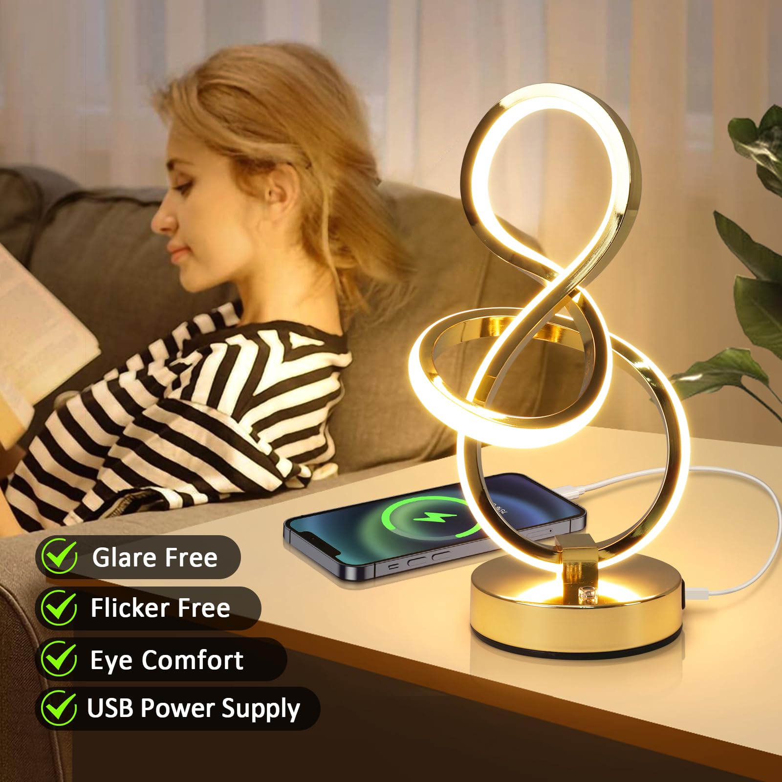 Eidearay Modern Spiral Table Lamp, 7 Colors 10 Light Modes Led Nightstand Small Lamp With Usb C+A Ports, Touch Dimmable Lamps For Living Room Bedroom Bedside, Unique & Cool Lamps,Gold