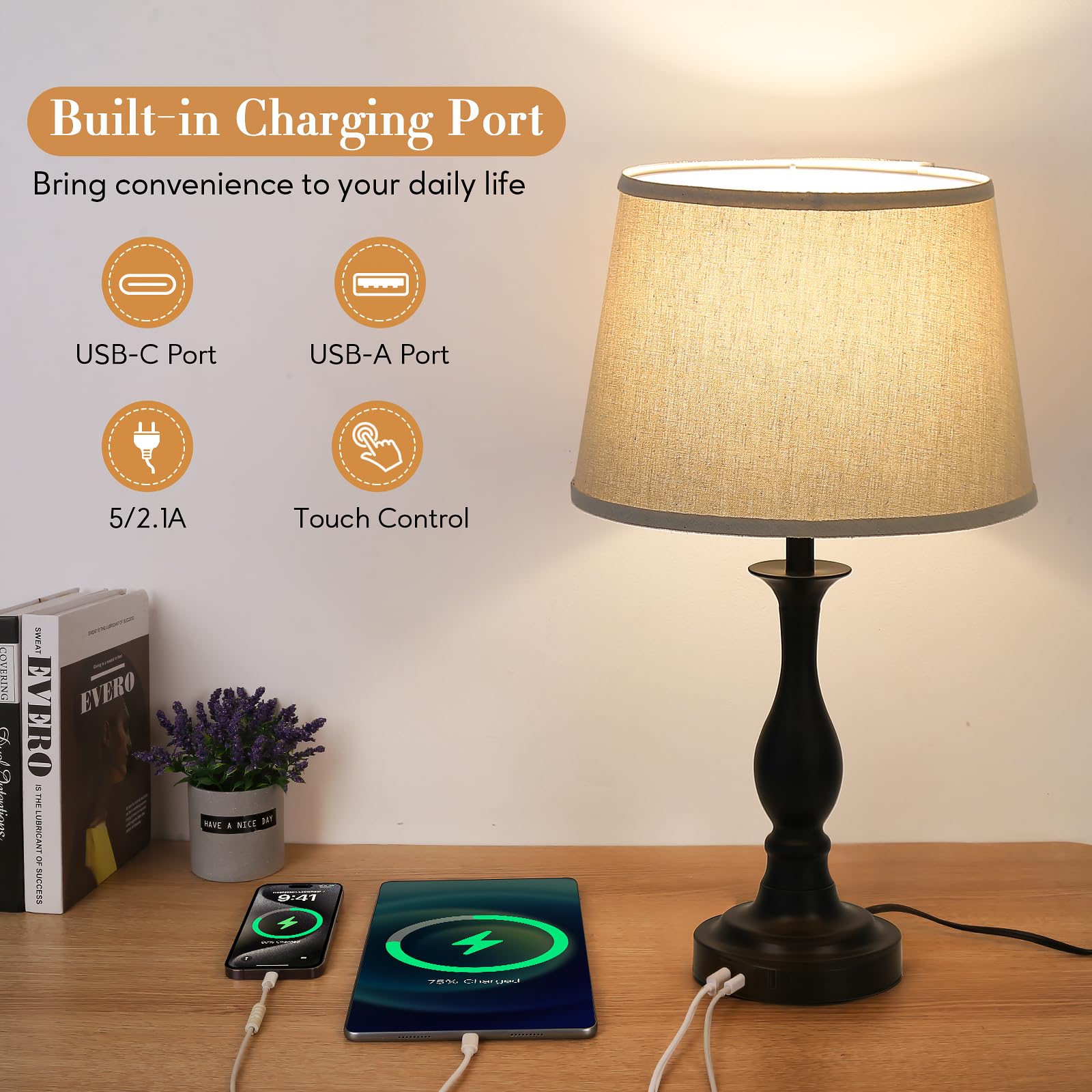 Lauag Bedside Table Lamp Touch Control Bedroom Lamps With Usb-C Usb-A Charging Port 3 Way Dimmable Touch Lamps For Nightstand Living Room Bedroom Dorm Home Office Reading, Set Of 2