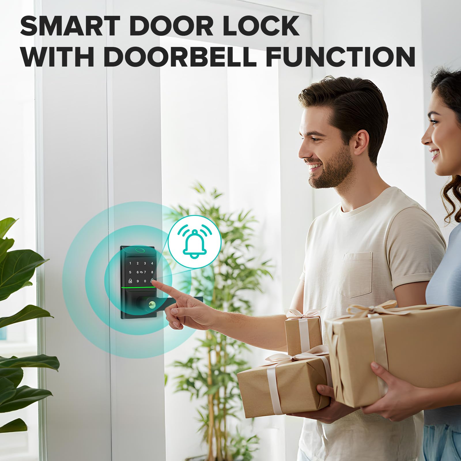 Mutak Keyless Entry Smart Door Lock With Doorbell, 6 In 1 Biometric Electric Digital Deadbolt Fingerprint Touchscreen Keypad App Ic Card With 2 Lever Handles For Front Doors Home Office Apartment