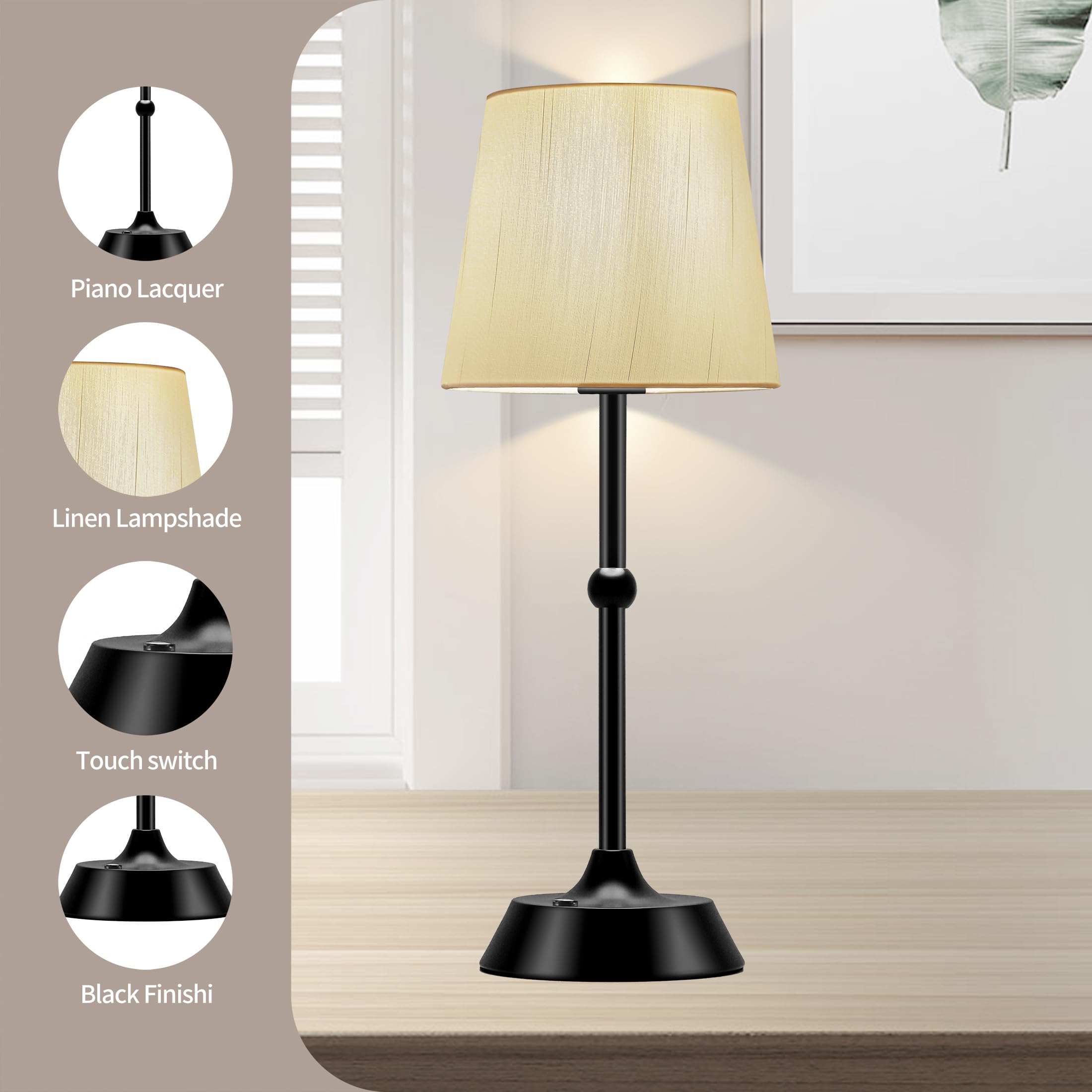 Betluse Set Of 2 Portable Cordless Led Table Lamp,Touch Control Fabric Black Dimmable Desk Lamp,Built-In 6000Ma Rechargeable Battery,Patio Table Lamp,Bedside Night Lamp,Ambient Light For Restaurant.