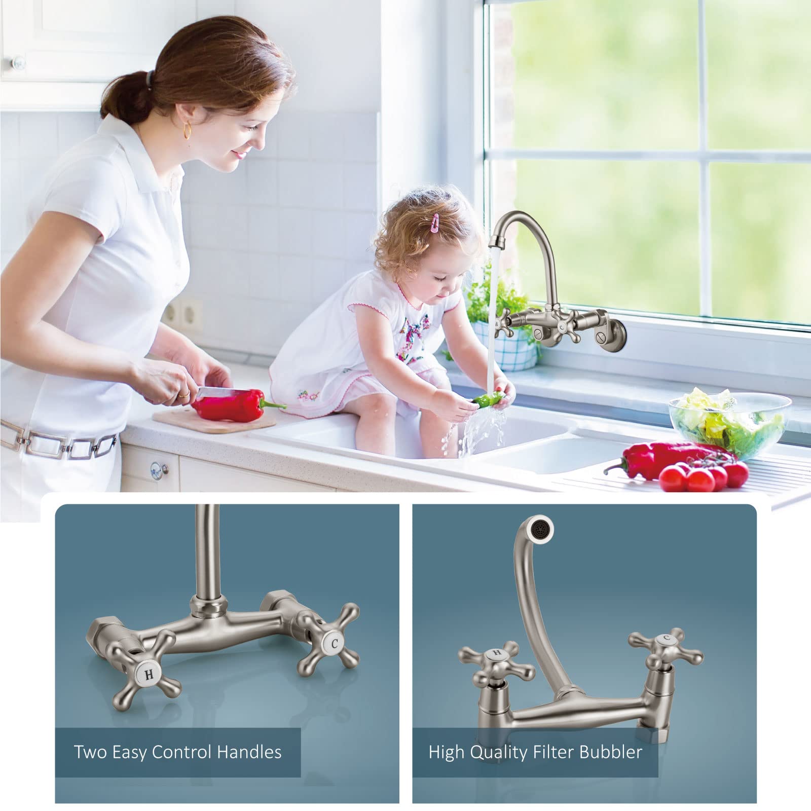 Aolemi Wall Mount Kitchen Faucet 6 Inch Center With Swivel Spout Adjustable Spread 2 Cross Handle Basin Sink Mixer Tap, Brushed Nickel, H&C Label