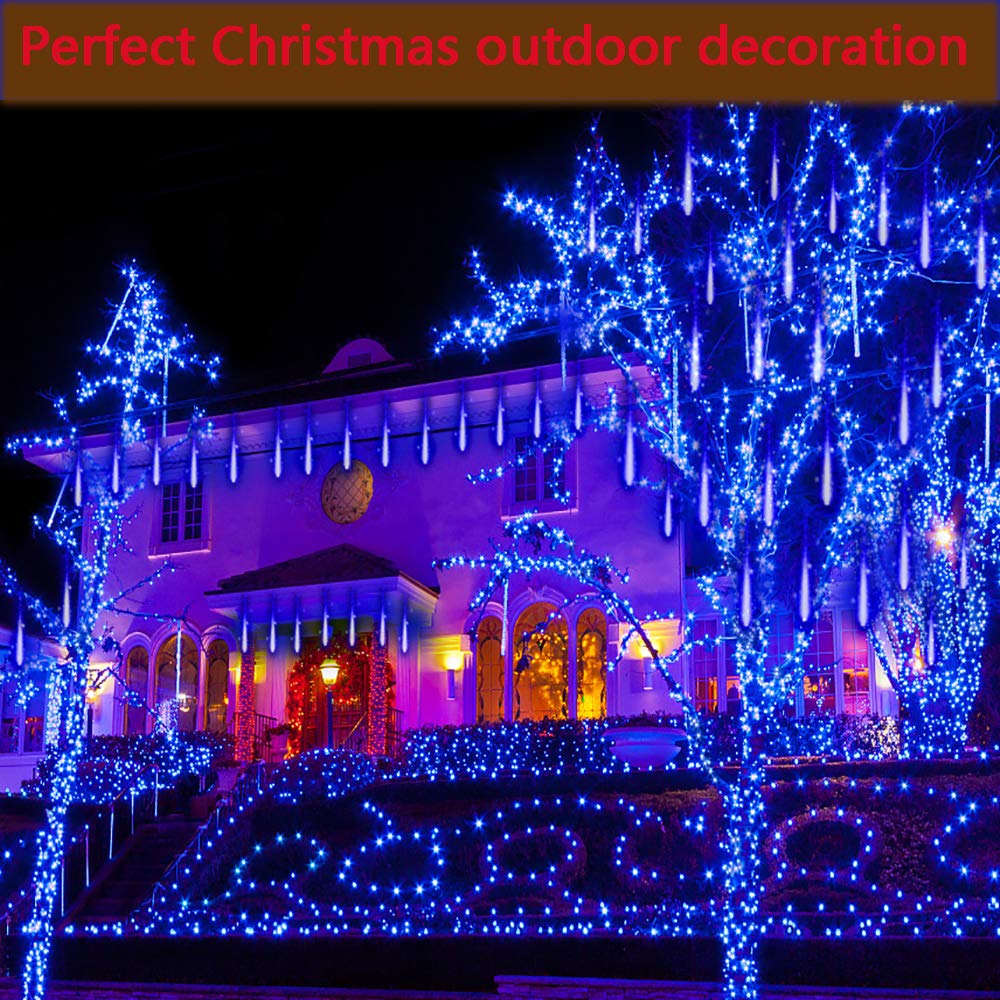 Kwaiffeo Meteor Shower Lights - 12 Inch 8 Tube Rain Falling Icicle Cascading Lights For Xmas Tree, Halloween, Wedding Party & Outdoor Yard Decorations - Ul Plug Blue