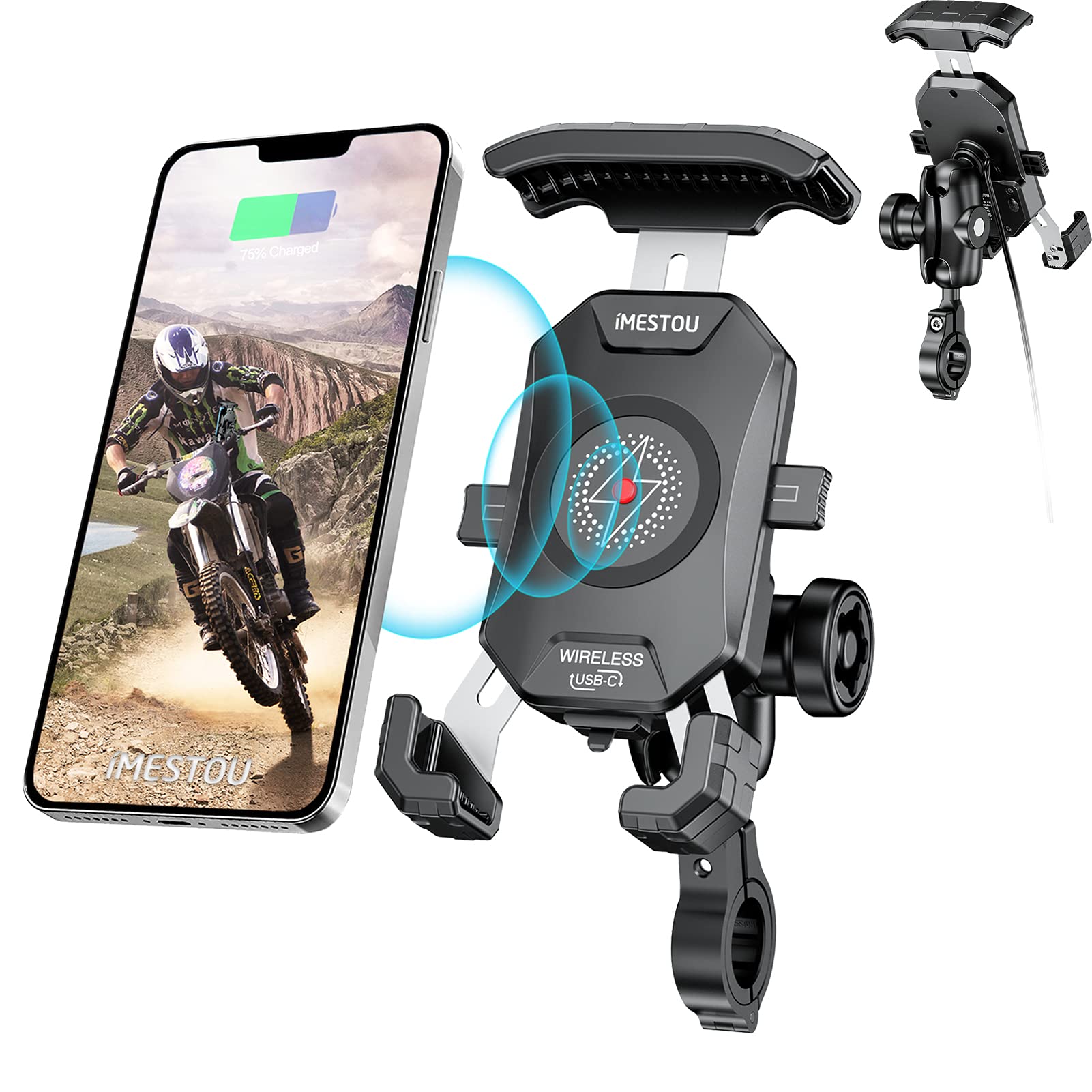Imestou Anti-Theft Motorcycle Wireless Phone Mount Charger 15W & Usb C 3A Handlebar 1" Ball Phone Holder Works With 12V/24V Vehicle/Usb A Socket 720 Rotation Quick Charge For 4.0-7.0" Cellphones