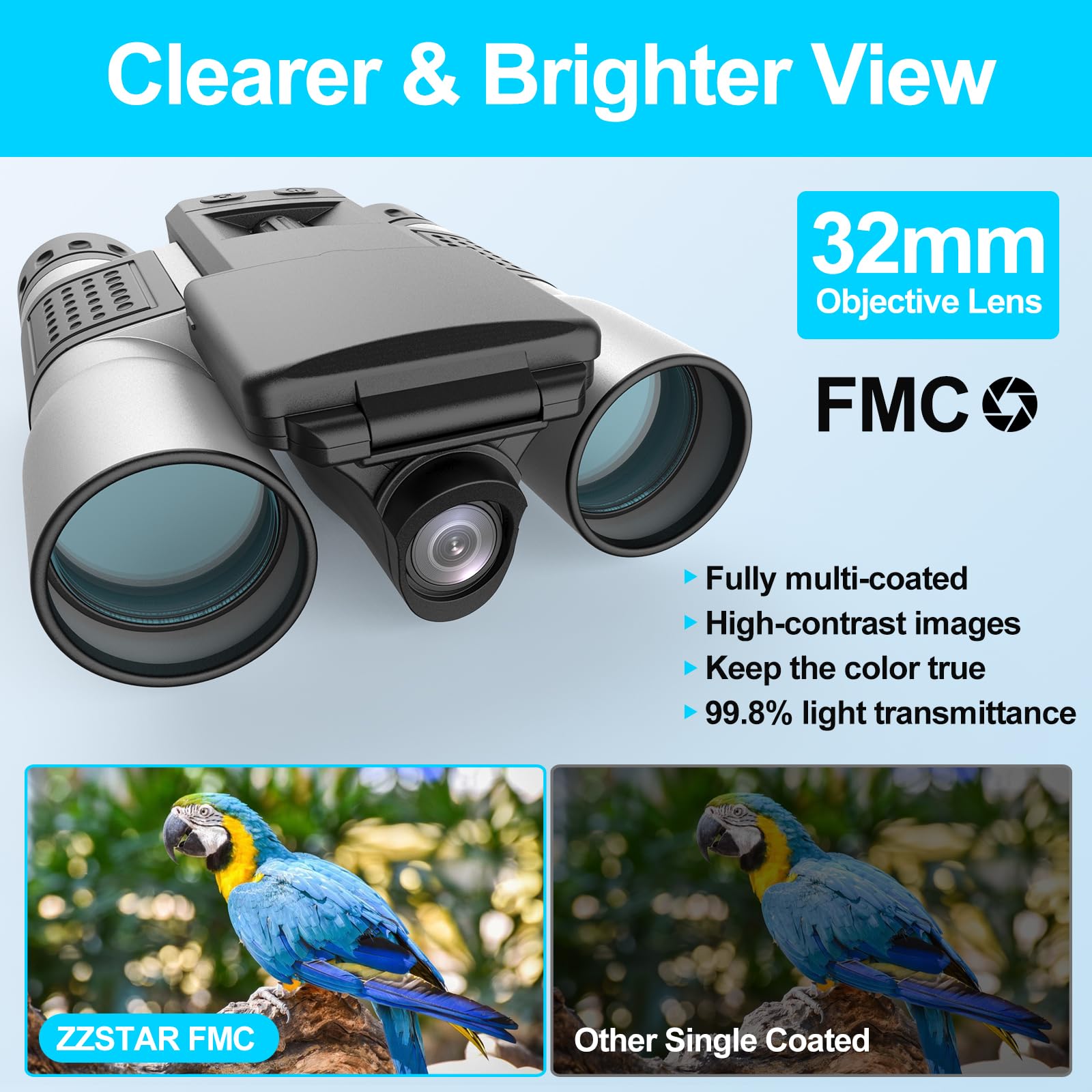 Zzstar 12X32 Binoculars With Camera, Binoculars For Adults, 2" Ltps Display 5Mp 1080P Video Photo Recorder For Bird Watching Travel Hunting, With 32Gb Micro Sd Card, Silvery