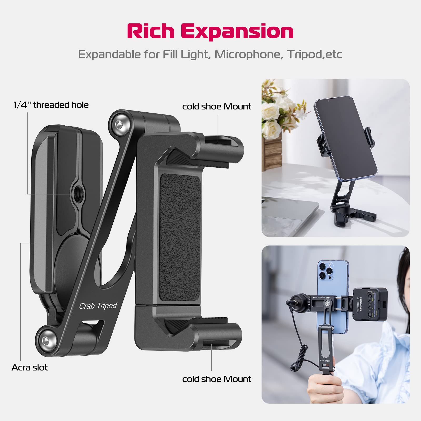 Ulanzi Phone Tripod Mount 2 Cold Shoes & Arca Port, Metal Smartphone Adapter For Iphone, Cell Phone Vlog Tripod Stand Holder For Desktop Video Live Streaming Vlogging Rig