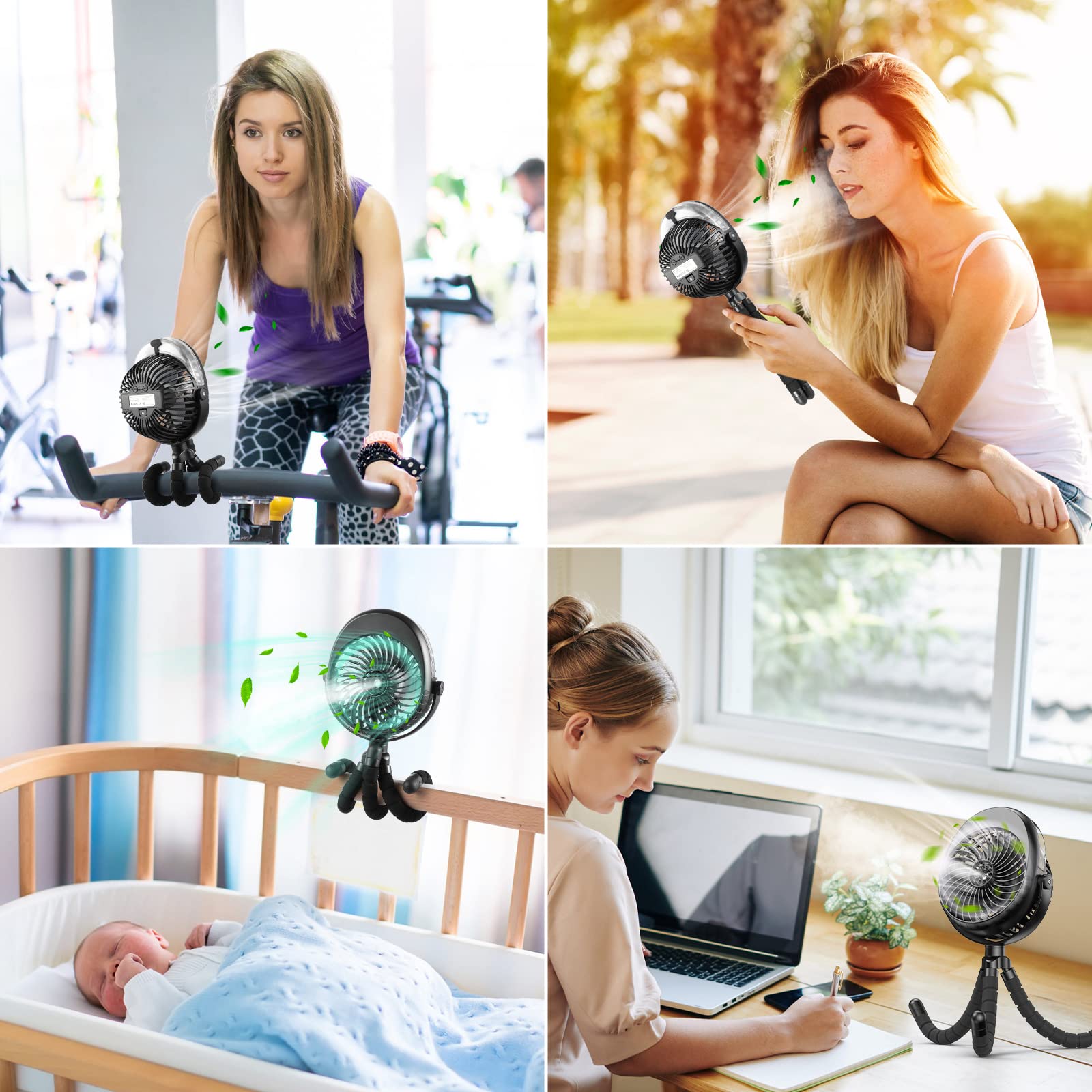 Portable Stroller Fan With Mist, Rechargeable Misting Fan With Flexible Tripods, 360° Pivot Personal