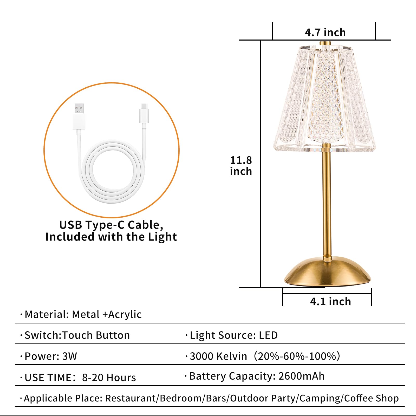 Hapygi Portable Battery Operated Led Table Lamp With Touch Sensor, Gold Cordless Brass Rechargeable Bedside Lamp/Night Light/Restaurant Table/Outdoor/Coffee/Bar