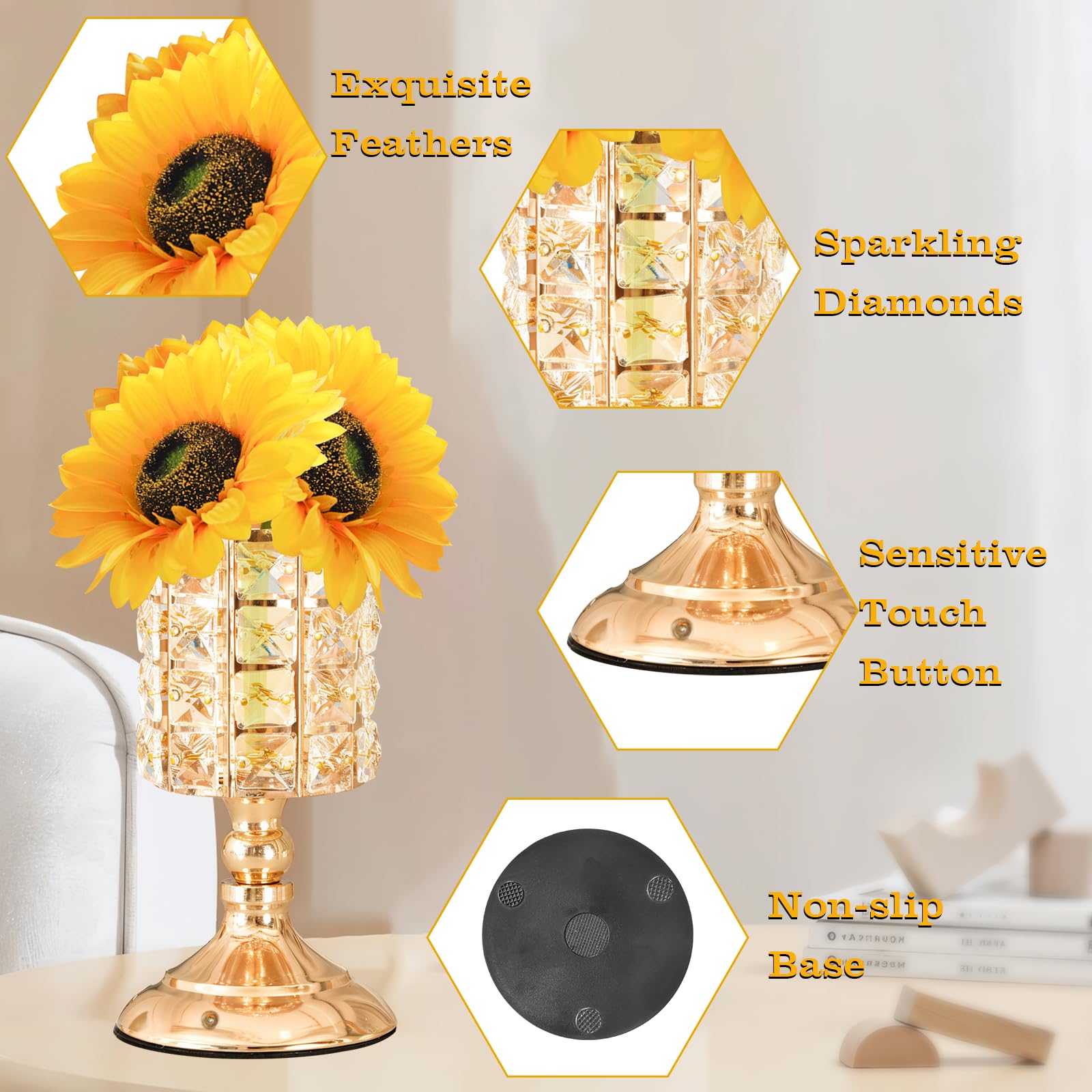 Tynled Sunflower Lamp,Portability Rechargeable Touch Table Lamp,10+ Hours Runtime&3-Colour Infinitely Dimming Sunflower Crystal Table Lamp,Eye Care Small Night Light For Bedside Lamp, For Women