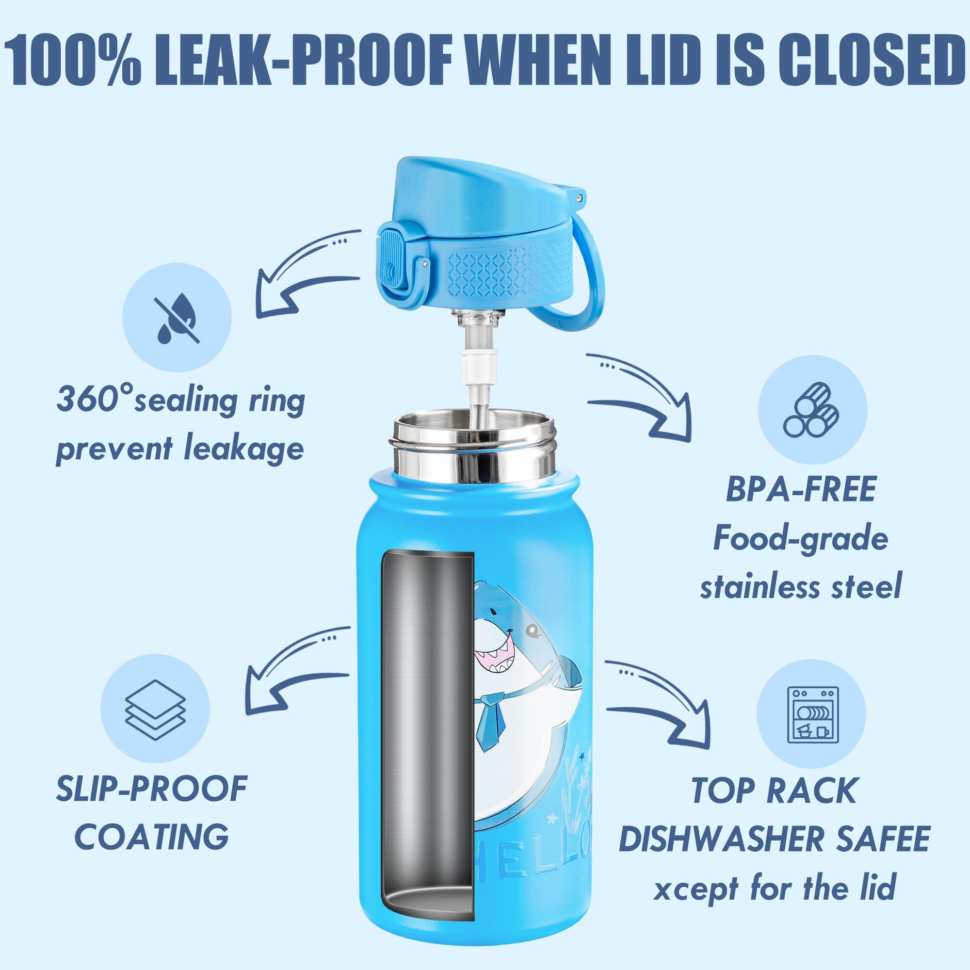 Oldley 12Oz Kids Water Bottle, Stainless Steel Insulated Water Bottle For Kids, With Straws Leak-Pr
