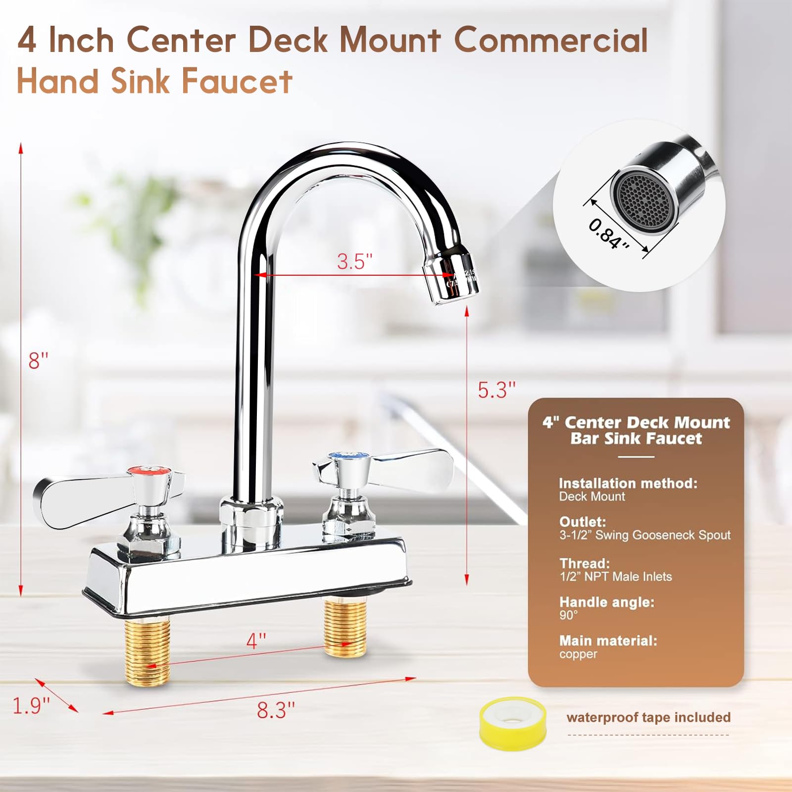 Zkdausdo Commercial Bar Sink Faucet 4 Inch Center Deck Mount, 3-1/2" Gooseneck Swivel Spout Hand Sink Faucet, 2 Hole Brass Constructed & Chrome Polished With Dual Lever Handles