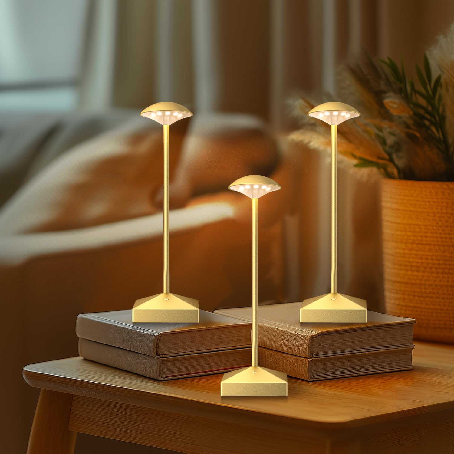 Funtaphanta 3 Pack Gold Small Cordless Table Lamps Rechargeable, Battery Operated Mini Lamp, Small Lamp Touch Portable Table Lights, Led Night Light For Bedside/Bathroom/Desk/Outdoor (Gold-B)