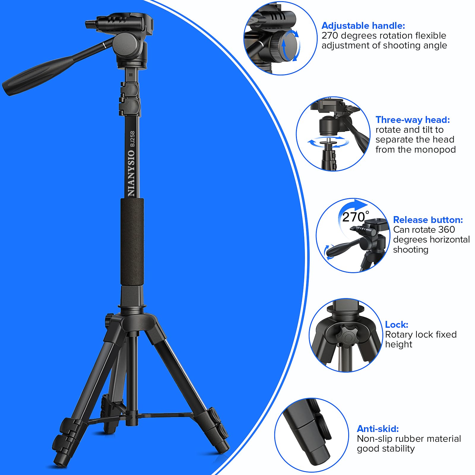 Nianyiso Camera Tripod For Camera, 66.7 Inch Patented 3-Way Rotating Portable Cameras Stand Professional Travel Phone Camera Mount Monopod For Cameras, Smartphones, Suitable For Various Live Vlogging