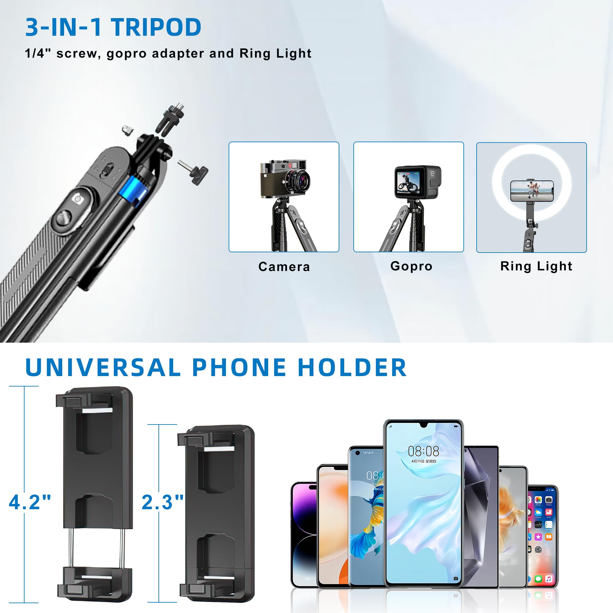 Eug-Products Selfie Stick Phone Tripod-71 Cell Phone Holder With Remote, 1/4" Screw Thread Adapter, Travel Tripod For Recording, Video And Picture, Compatible With Iphone, Android, Camera & Gopro