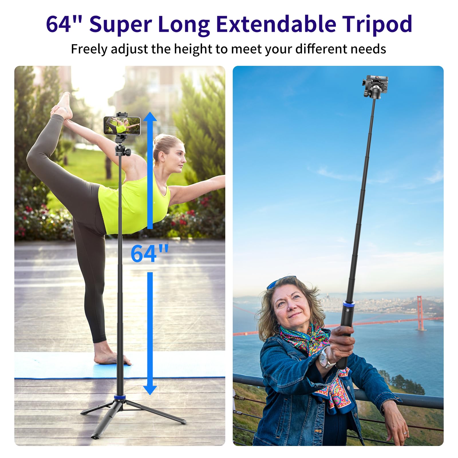 Kaitezenz Selfie Stick Tripod For Gopro Camera, 64" Extendable Stand With 360° Ball Head 1/4" Screw, Portable Lightweight Camera Tripod For Gopro Max Hero 11 10 9 8 7 6 5 Dji Osmo Action Phone