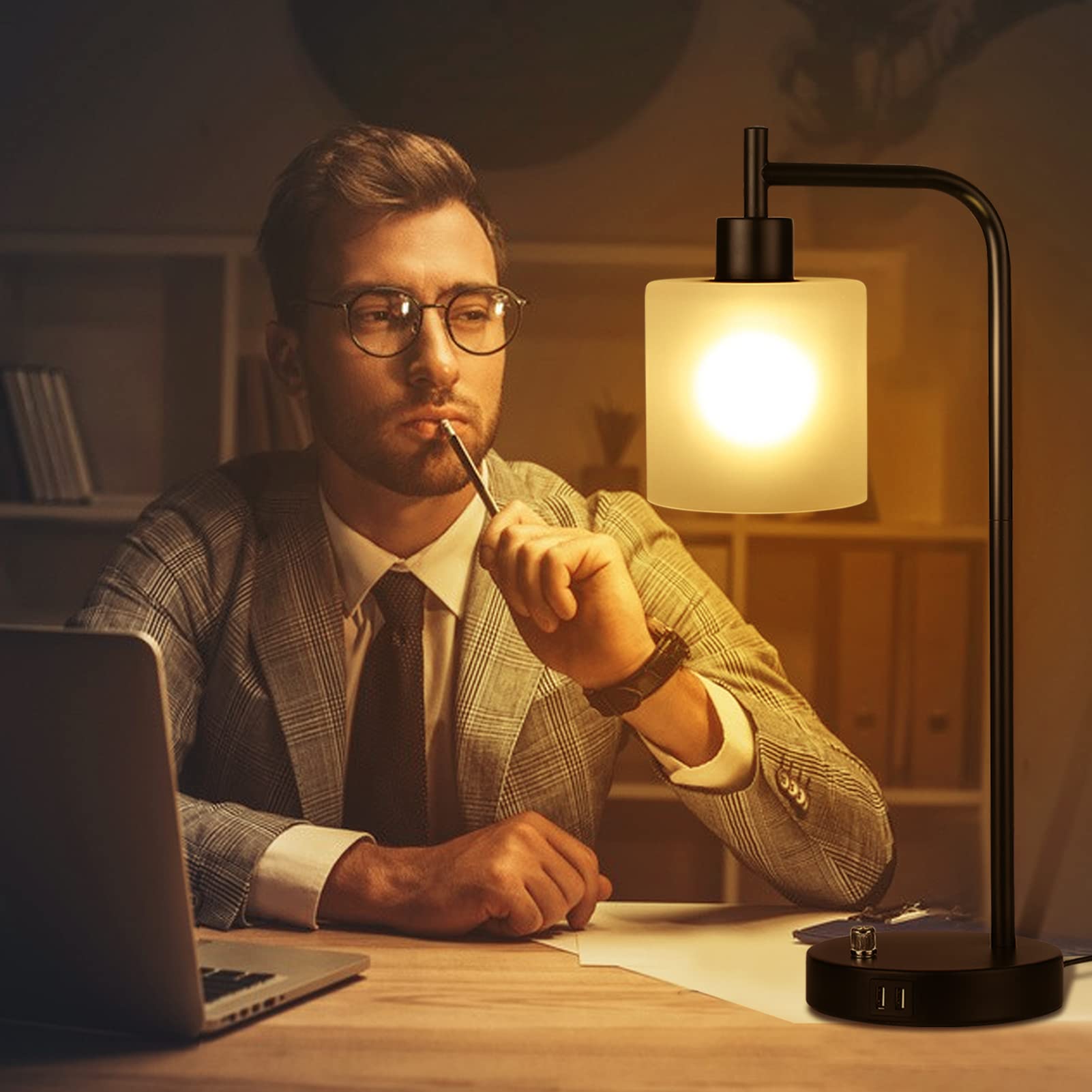 Topyond Modern Table Lamp, Dimmable Touch Control Black Bedside Lamp With 2 Usb Ports, Ac Socket, Round Shade For Bedroom, Living Room And Home Office Use