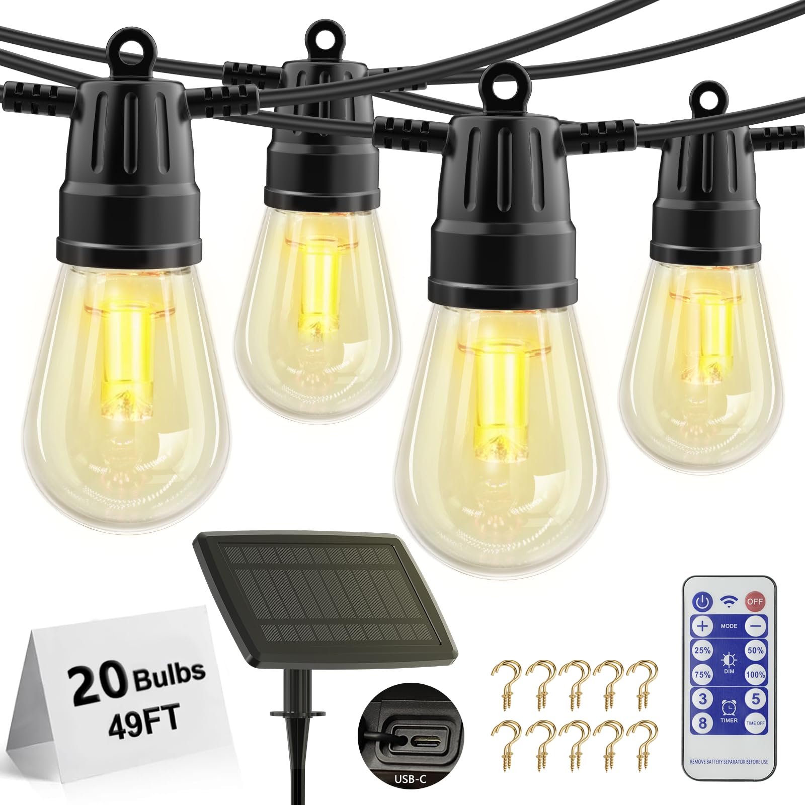 Ysj Solar String Lights Outdoor Waterproof,49Ft 20 Bulb Solar Outdoor String Lights,Solar Powered Outdoor String Lights With Usb-C Port And Remote Control,Camping Decoration Garden (Black)