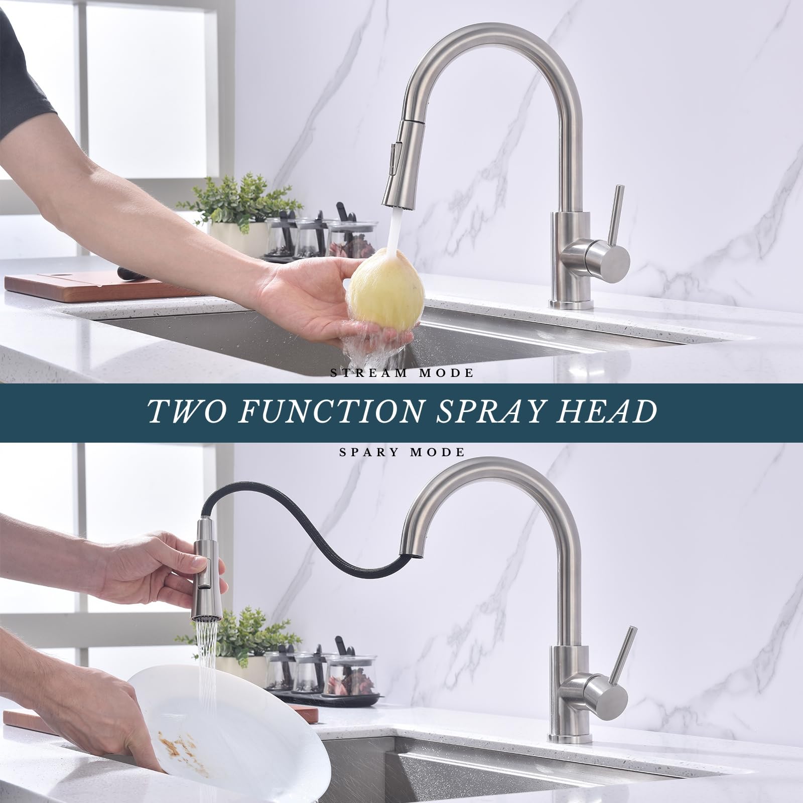 Sevengelok Kitchen Faucet With Pull Down Sprayer Sus304 Stainless Steel High Arc Brushed Nickel Pull Out Kitchen Sink Faucets Utility Laundry Farmhouse Camper Rv Modern For 1 Or 3 Hole Sink, Kf1-Bn